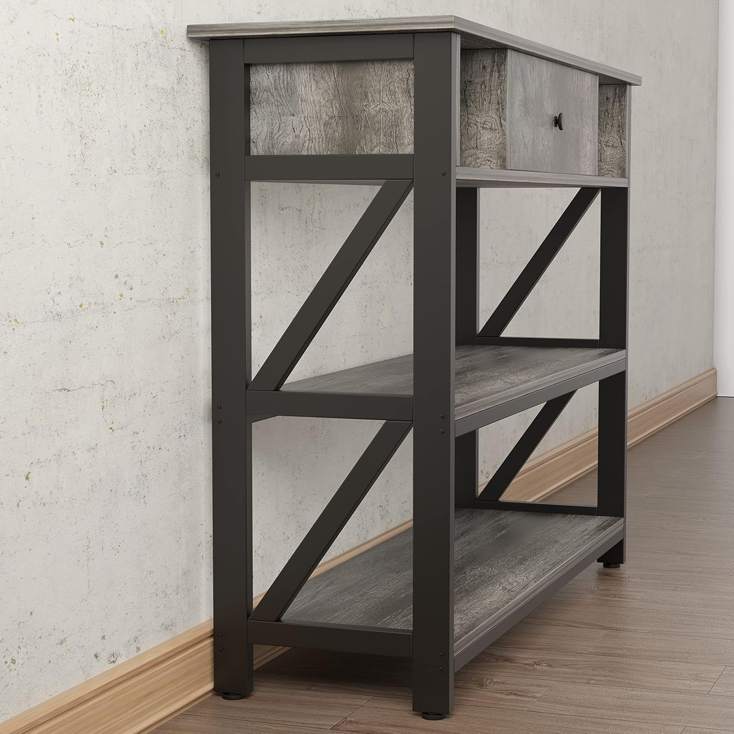 Mesa Consola Negra Estrecha De 4 Niveles Con Estructura Metálica Y Sistema Antivuelco, Estilo