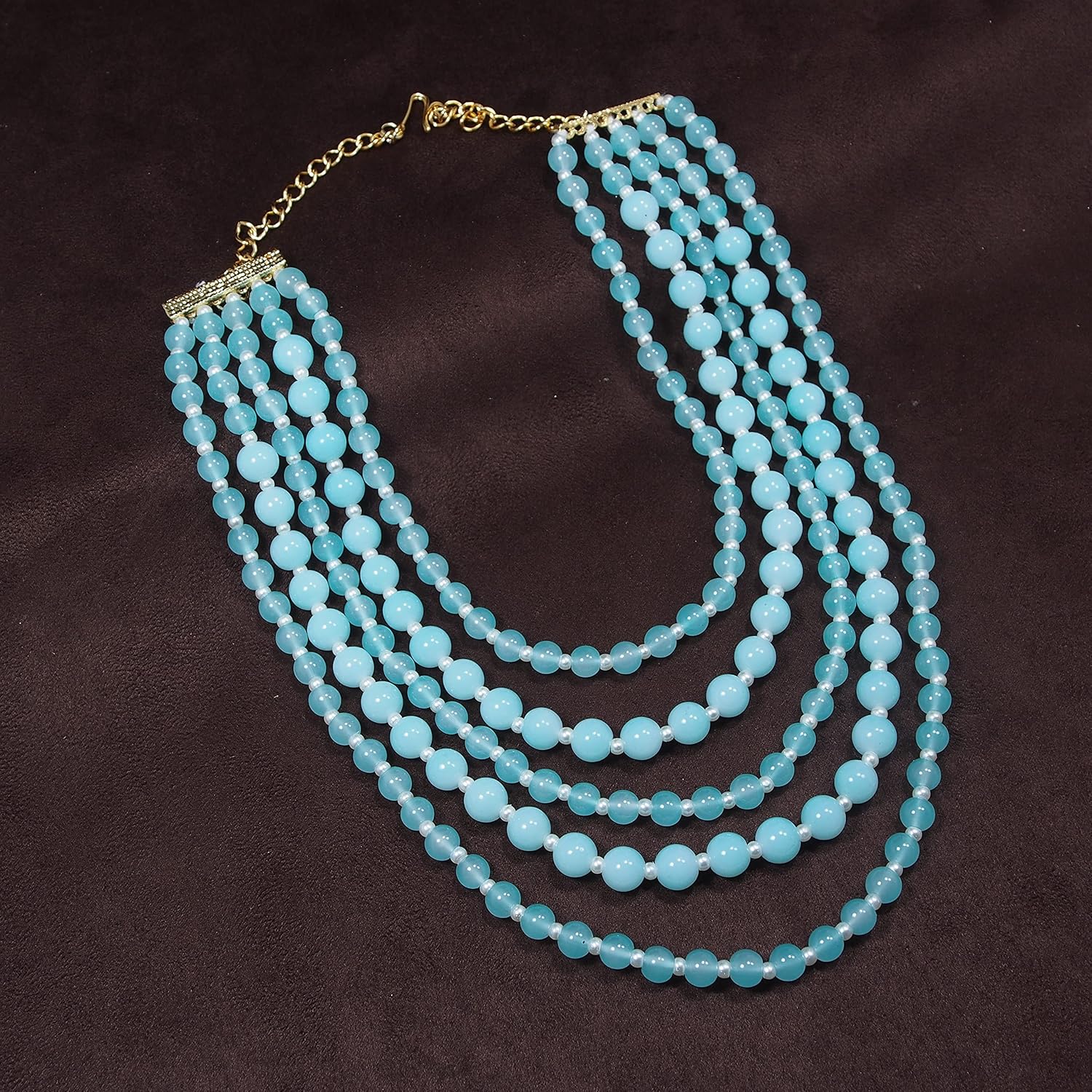 I Jewels Women's 18K Gold Plated 7-Layer Beaded Rani Necklace Set - Green Pearl Design (ML288G)