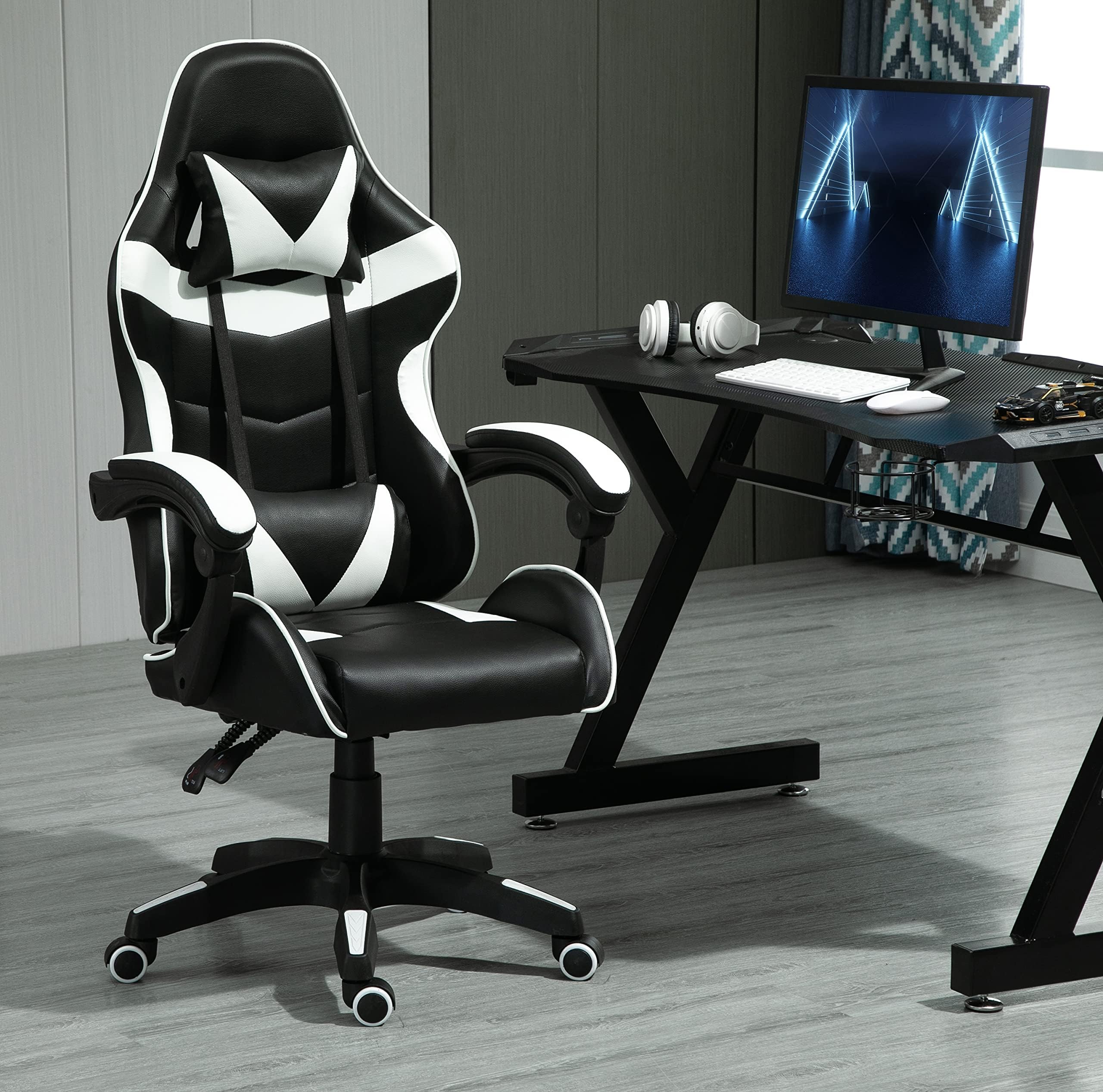 mcc directSwivel Faux Leather Office Chair Racing Sports Gaming Tilt Computer Desk Chair with Headrest & Lumbar Cushion A (White)