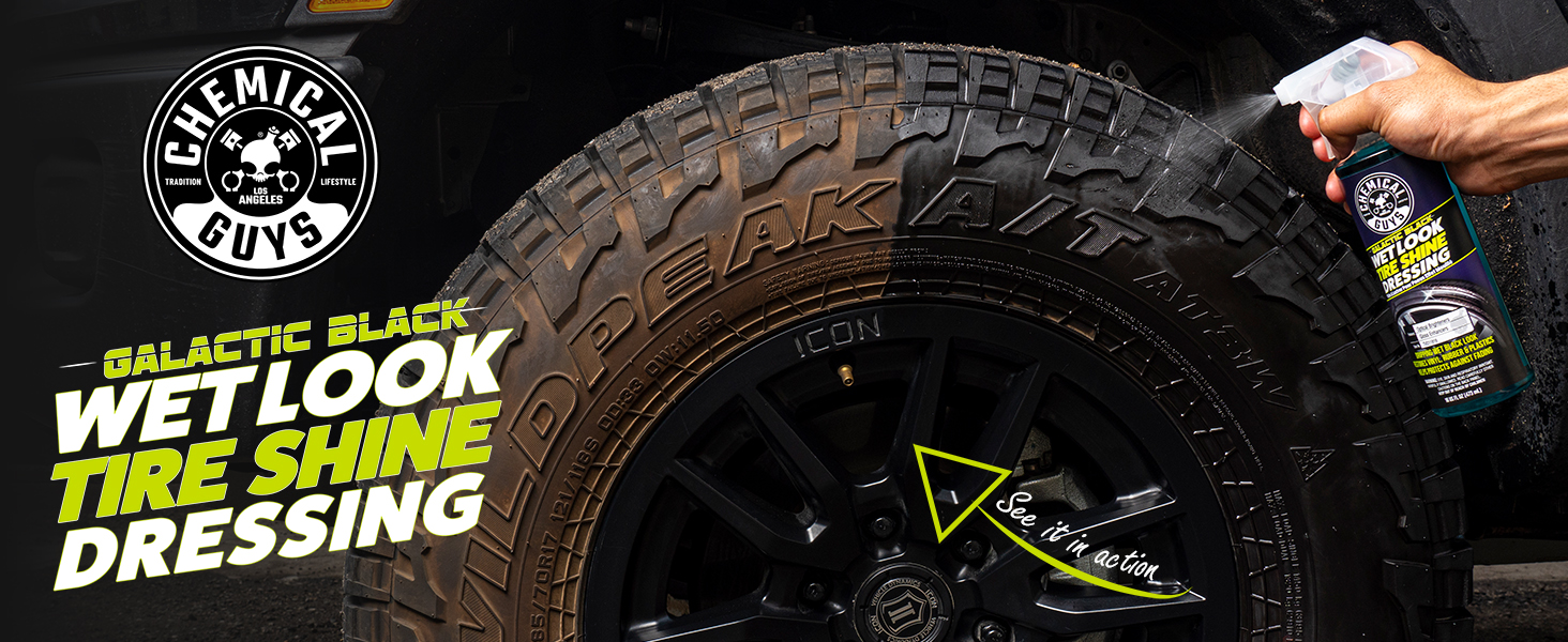 Chemical Guys Galactic Black Wet Look Tire Shine Dressing  High Gloss Tire  Spray for Trim & Rubber  Restores Deep Black Shine and Protection for  Cars, Trucks, Motorcycles and RVs, 16 oz : Automotive - Amazon.com