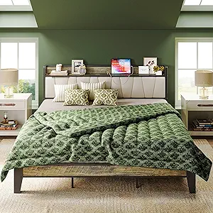 LIKIMIO California King Bed Frame, Storage Headboard with Charging Station, Solid and Stable, Noise Free, No Box Spring Needed, Easy Assembly (Walnut and Beige)