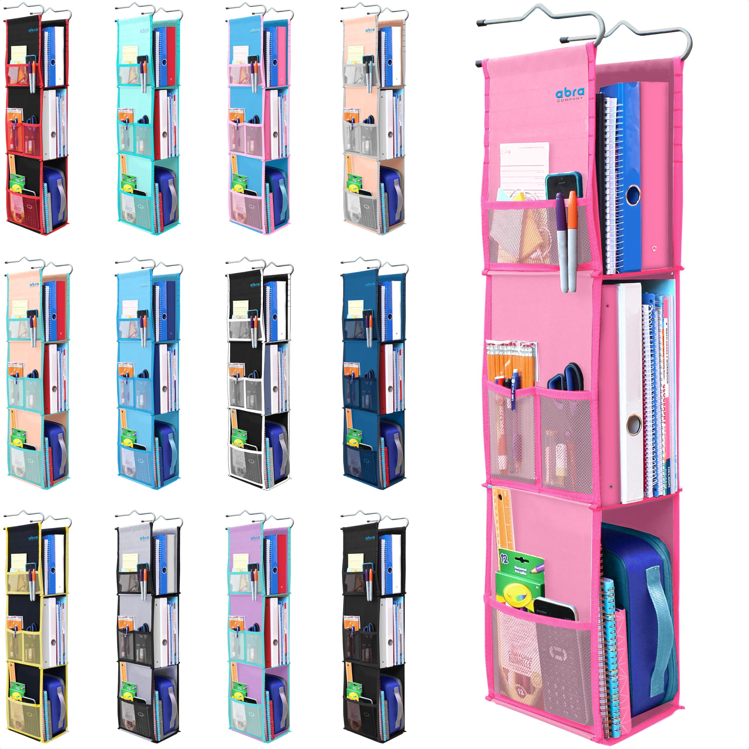 ABRA® Organizador de casillero colgante de 3 estantes para escuela, gimnasio, trabajo, almacenamiento, estantes profundos de 6.5 x 9 pulgadas, tela ecológica saludable para niños, estante ajustable de