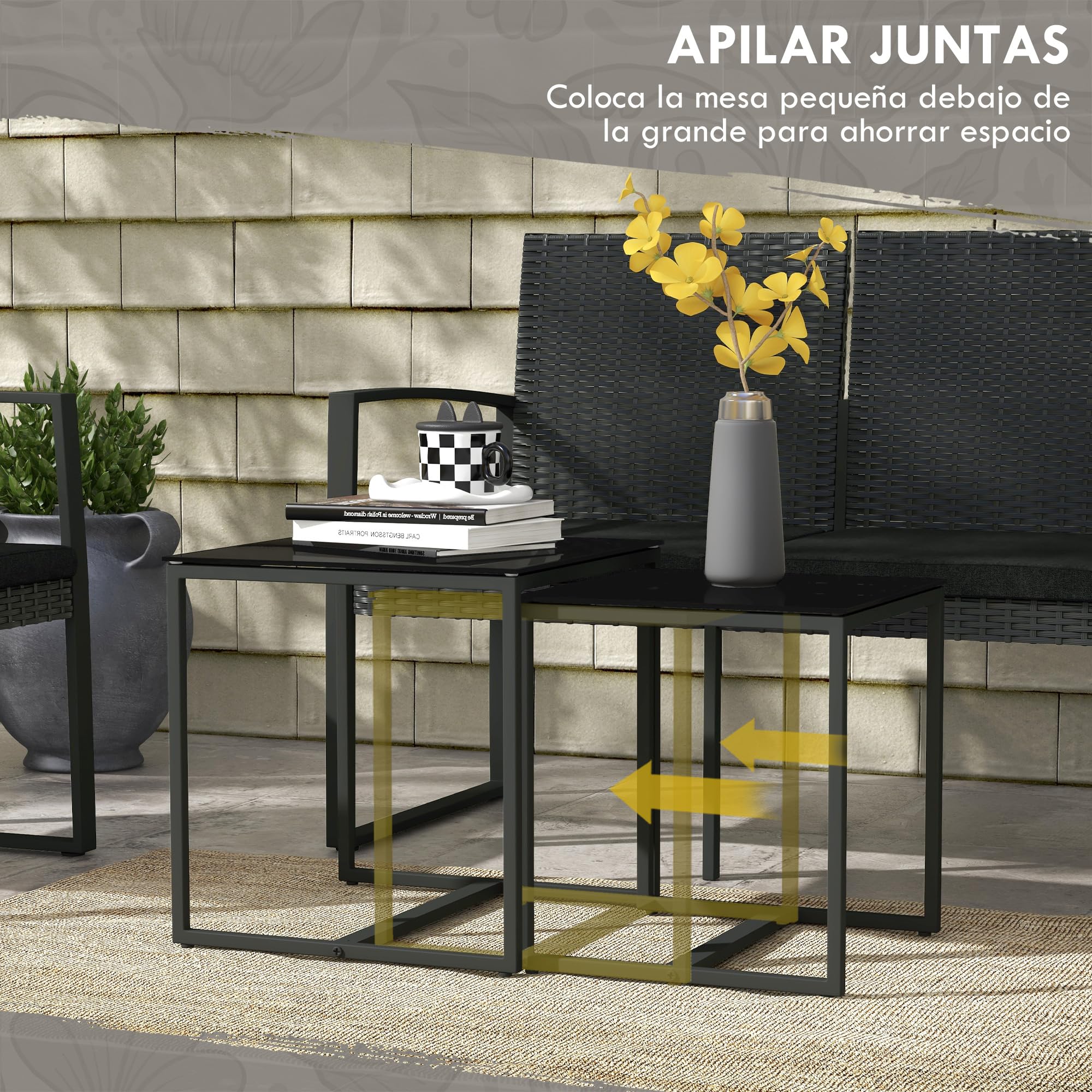 Outsunny Conjunto de Muebles de Jardín de Ratán Sintético 5 Piezas Negro | Conjunto Jardín Exterior, 2 Sillones, 1 Sofá de 2 Plazas, 2 Mesas de Centro, para Patio Terraza