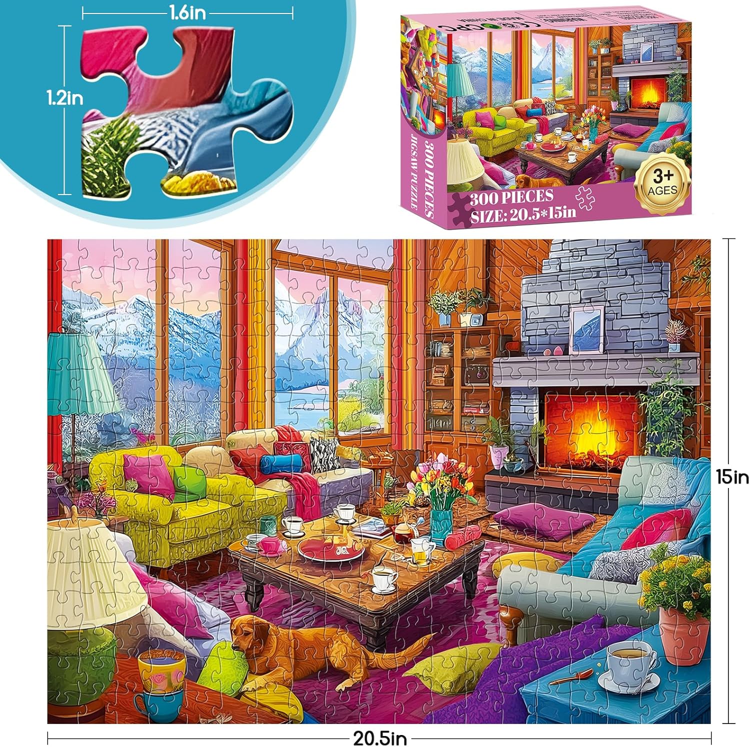 300 Piece Puzzles for Adults,Rustic Lodge Cozy Fire Puzzle for Adults Kids Seniors,Large Piece Fireplace Room Puzzle for Kids 8-10 10-12,Challenging Sofa Dog Puzzles Perfect for Game Nights, 20.5x15