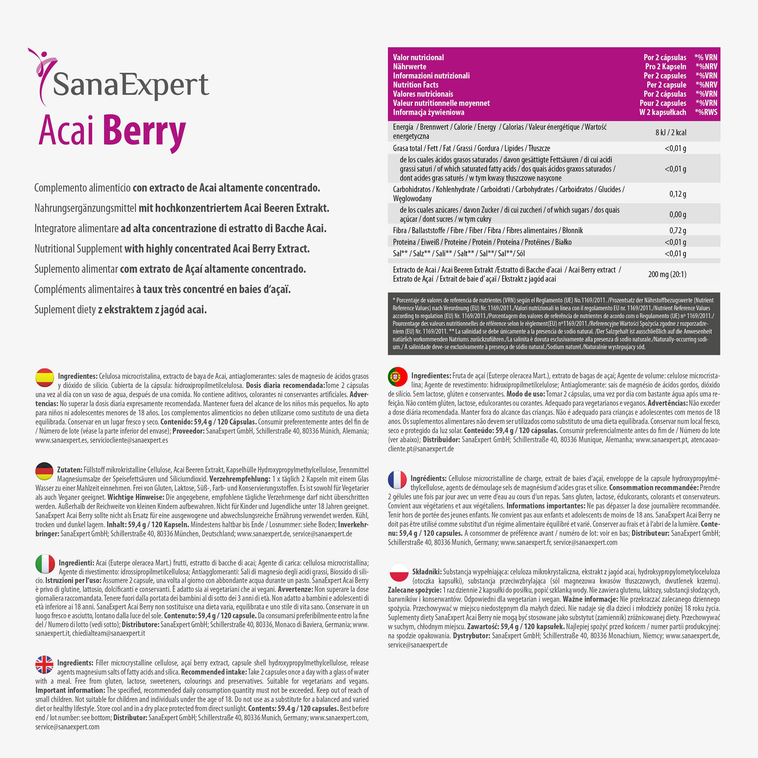 SanaExpert Acai Berry - Suplemento Alimenticio Natural con Extracto Puro de Açaí - Rico en Antioxidantes - Apto para Veganos, Sin Gluten, Sin Lactosa - 120 Cápsulas - Fabricado en Alemania