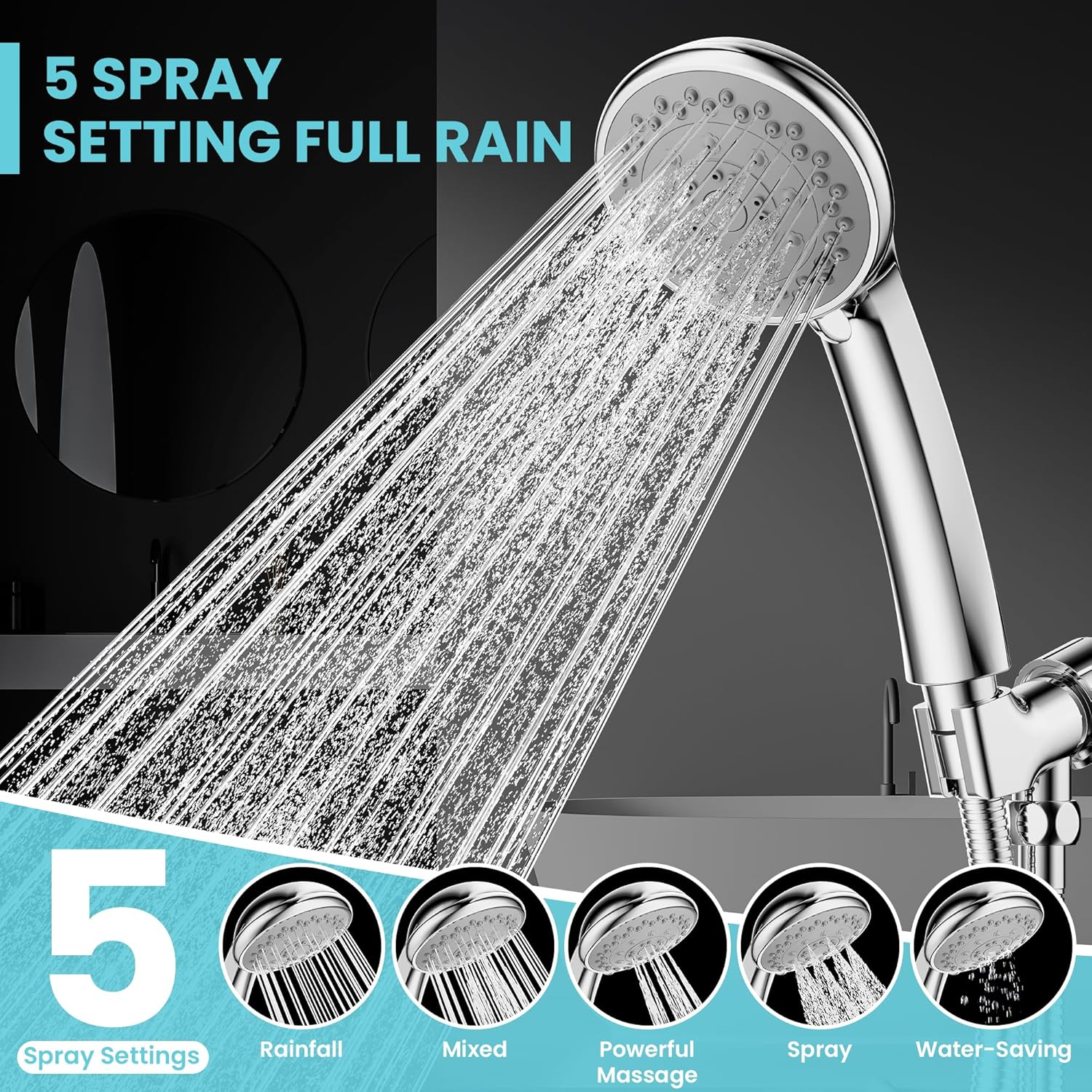 High Prure Handheld Shower Head, 5 Functs Powerful Water Spray