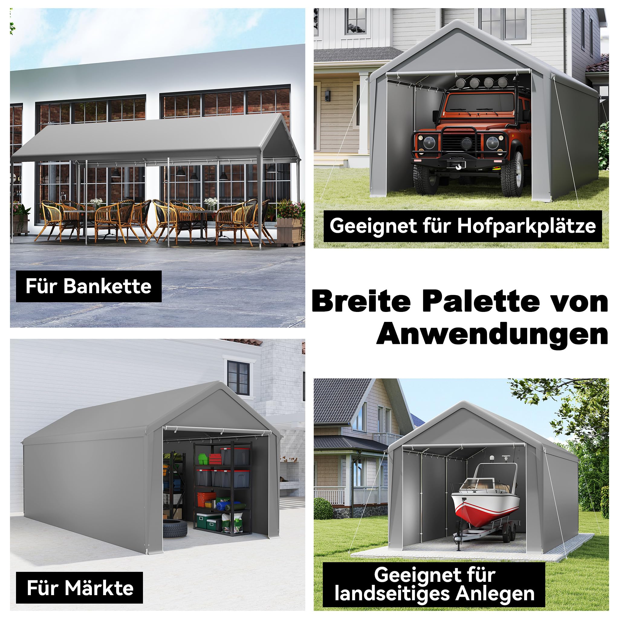 FIVMEN Carport Zeltgarage 3x6 m Große Garagenzelt Lagerzelt mit Abnehmbar Seitenwände Winterfest Mobile Garage Unterstand Weidezelt für Auto SUV LKW, Grau