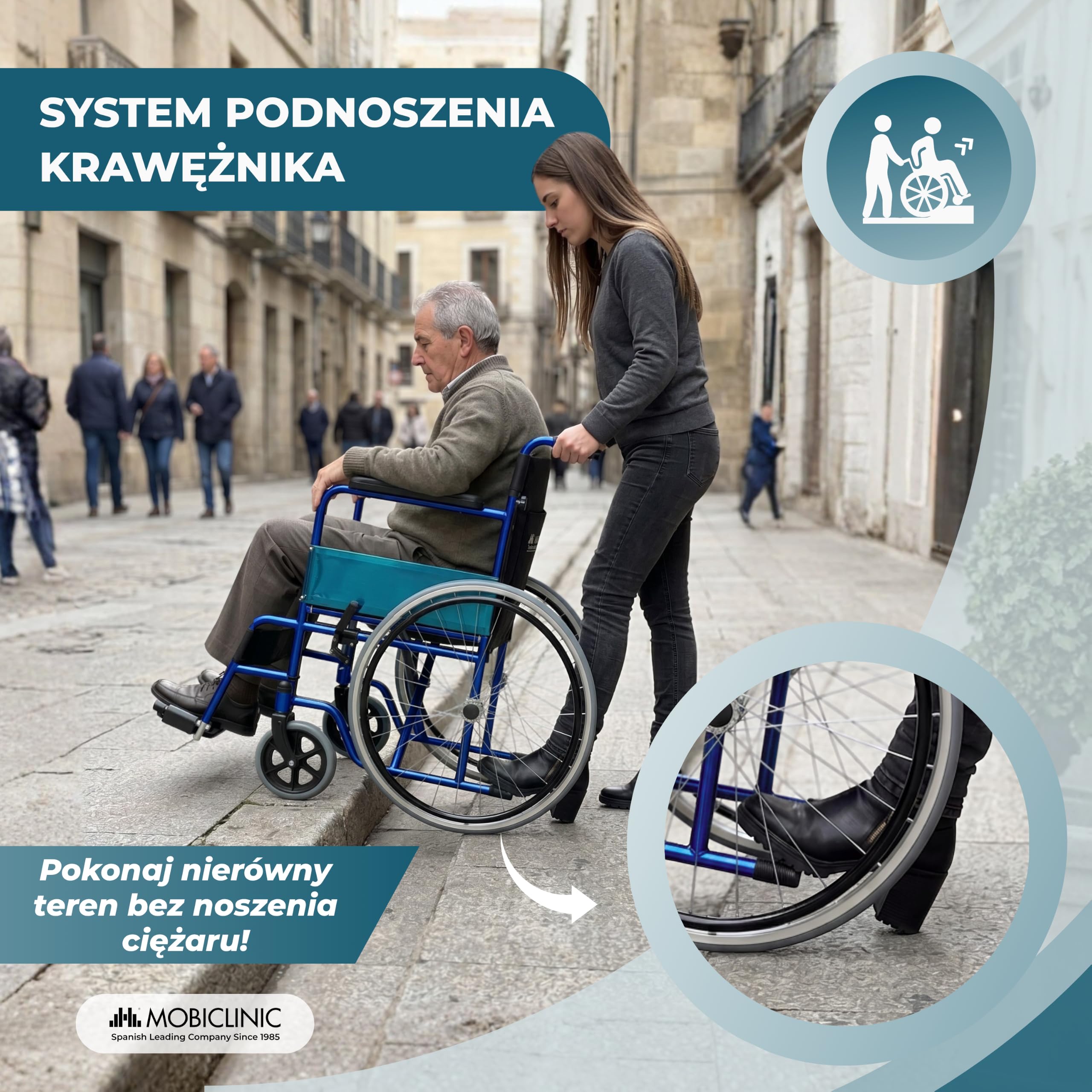 Mobiclinic, model Alcázar, wózek inwalidzki ortopedyczny, składany, kolor niebieski/czarny, siedzisko 46 cm