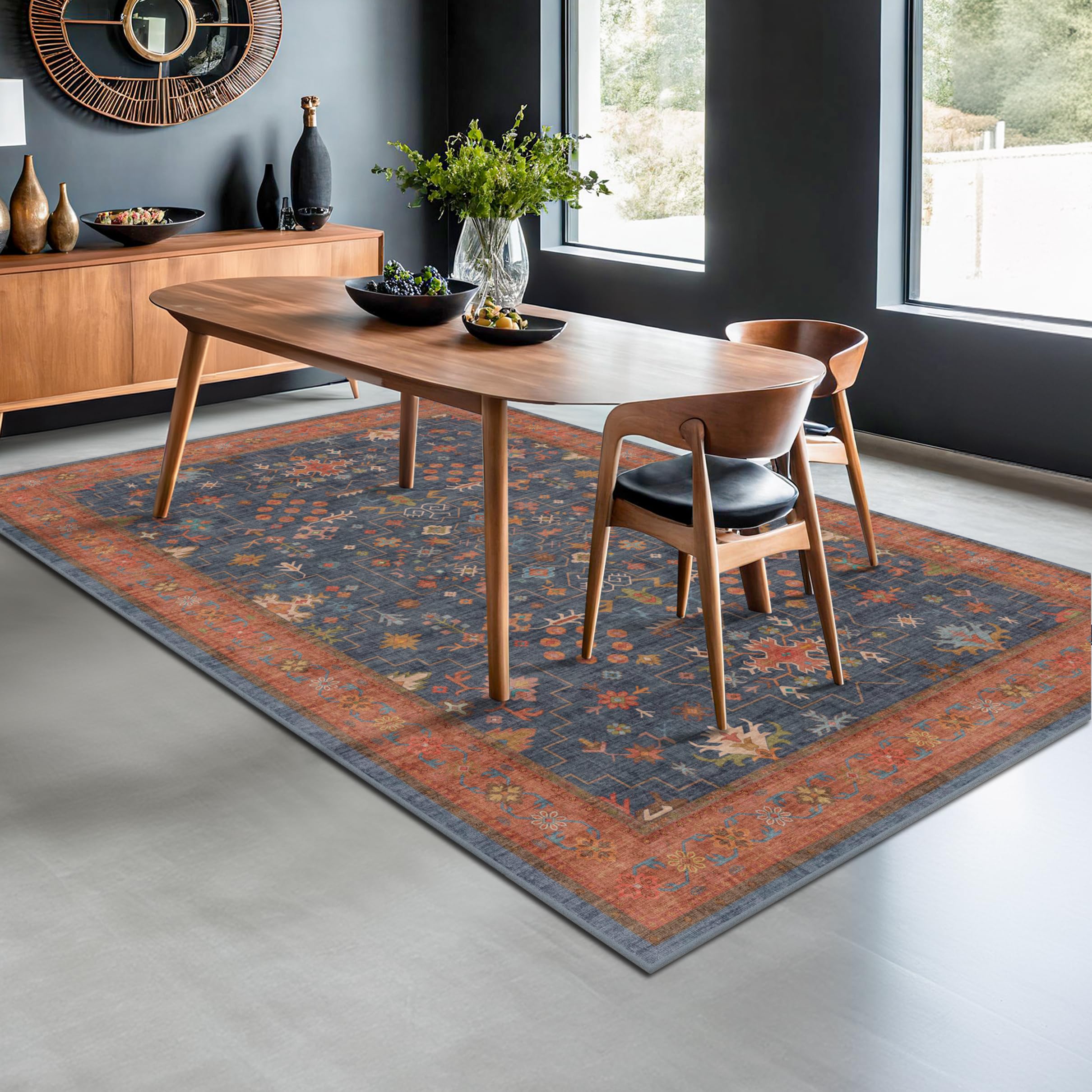 Photo 1 of Hazo Haus 6x9 Dining Room Rugs for Under Table - Washable Area Rug for Living Room, Low Pile Non-Slip Rugs for Bedroom - Navy Blue & Terracotta Vintage Boho Eclectic Home Decor