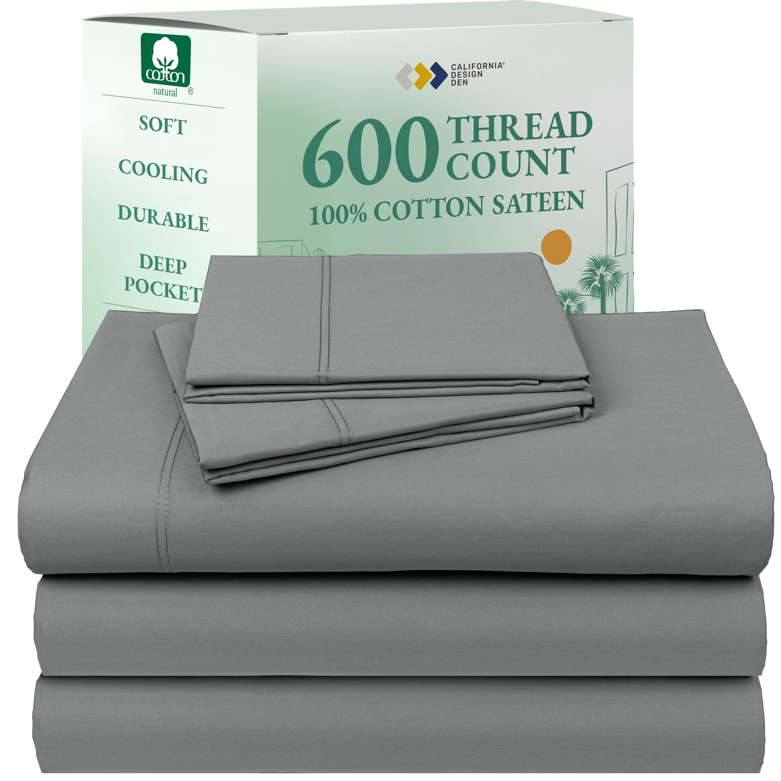 California Design Den Split King Sheet Set - 100% Cotton, 600 Thread Count, Breathable Luxury King Size Sheets for Adjustable Bed, Luxury Hotel-Quality Sheets with Soft Sateen Weave - Mist Grey