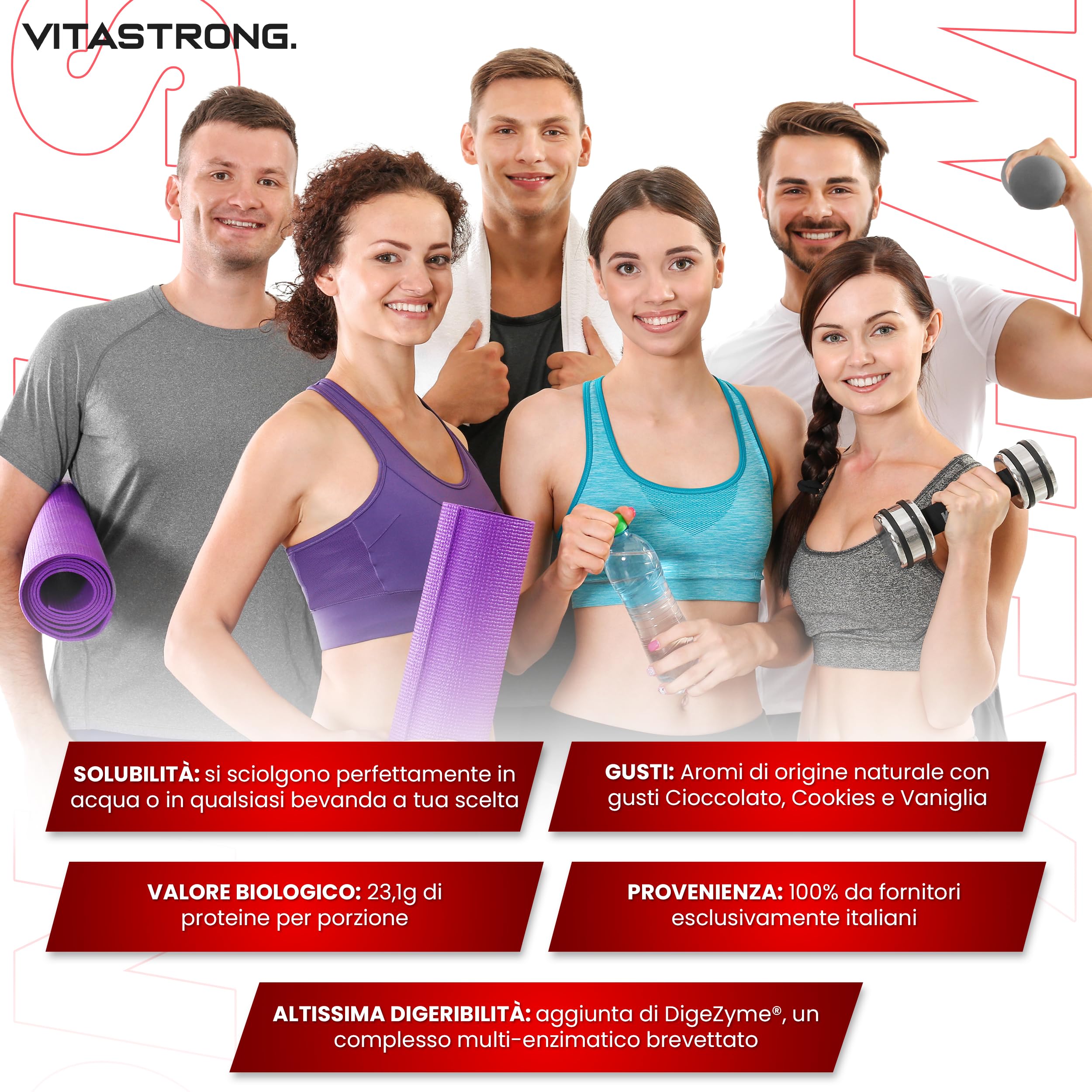 Vitastrong Proteine in Polvere Premium WheyStrong®, 900g, Gusto Cioccolato | 100% Proteine Whey con DigeZyme®, Alta Digeribilità e Concentrazione, Proteine del Siero del Latte Solo da Fornitori Italiani