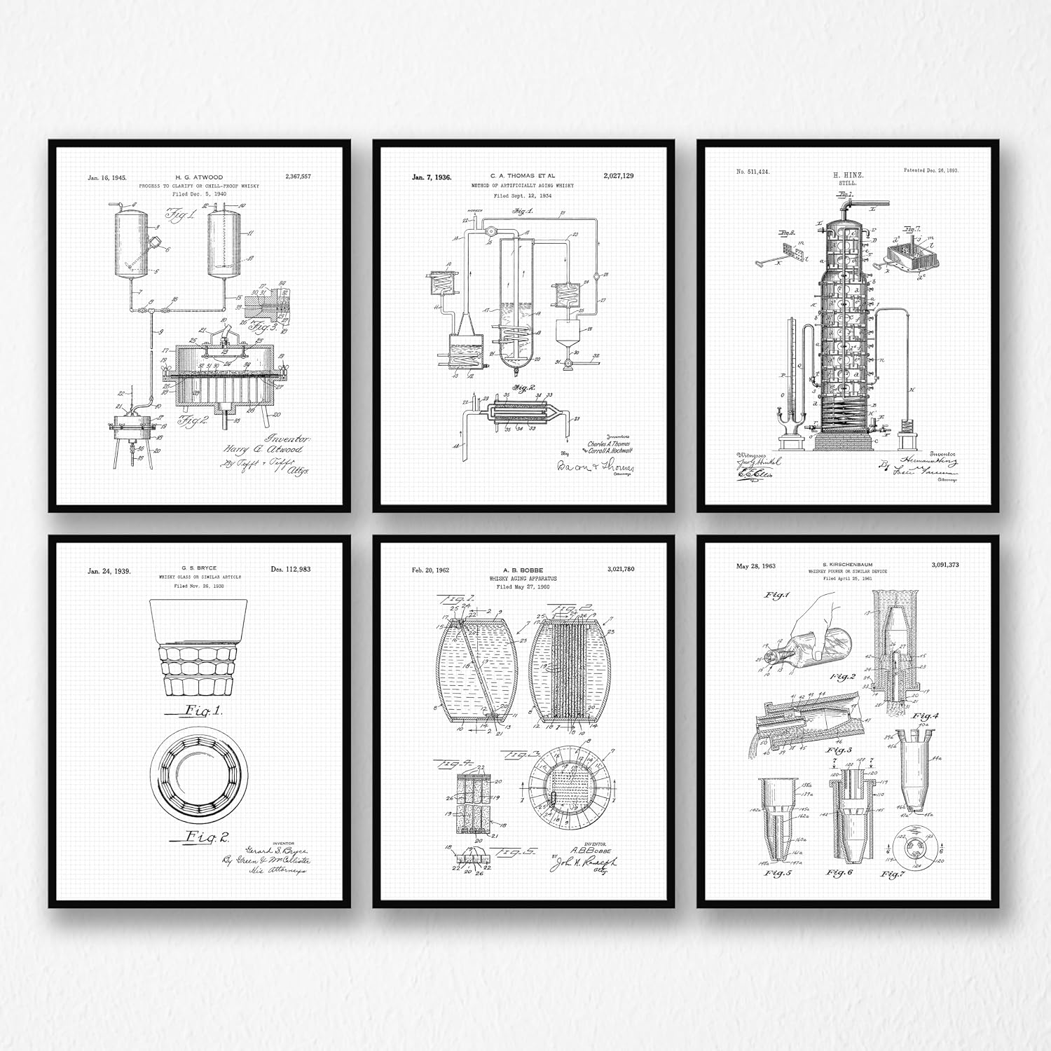 Whiskey Whisky Patent Prints, 6 (8x10) Unframed Photos, Wall Art Decor for Home Work Office Cocktail Bar Pub Lounge Studio Bourbon Scotch Liquor Distillery School Student Teacher Bartender