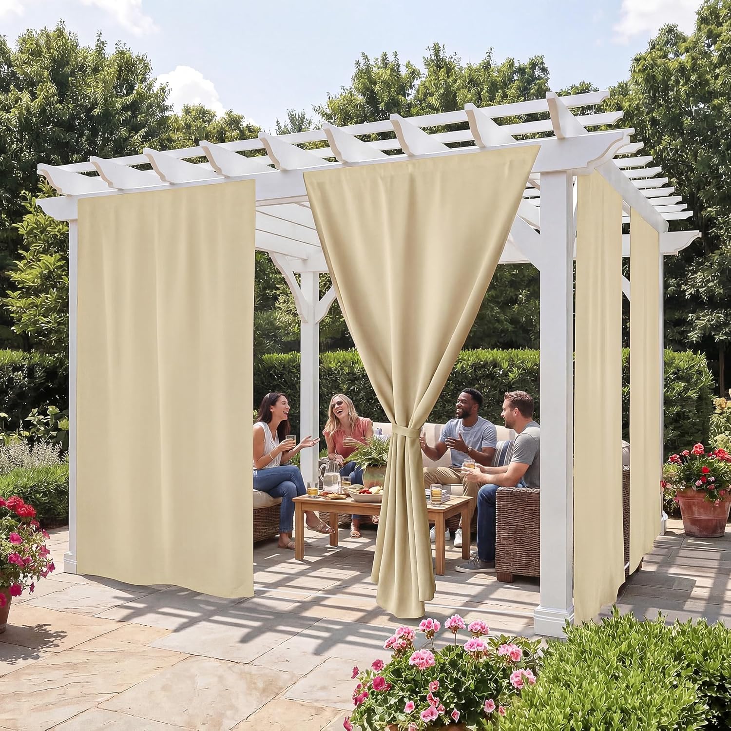 RYB HOME No-Rod Windproof Outdoor Curtains for Patio Waterproof with Adhesive Tape & Back Tab Bottom, Sun Blocking Privacy Curtains for Gazebo Porch Pergola, Biscotti Beige, W 52 x L 84, 2 Panels