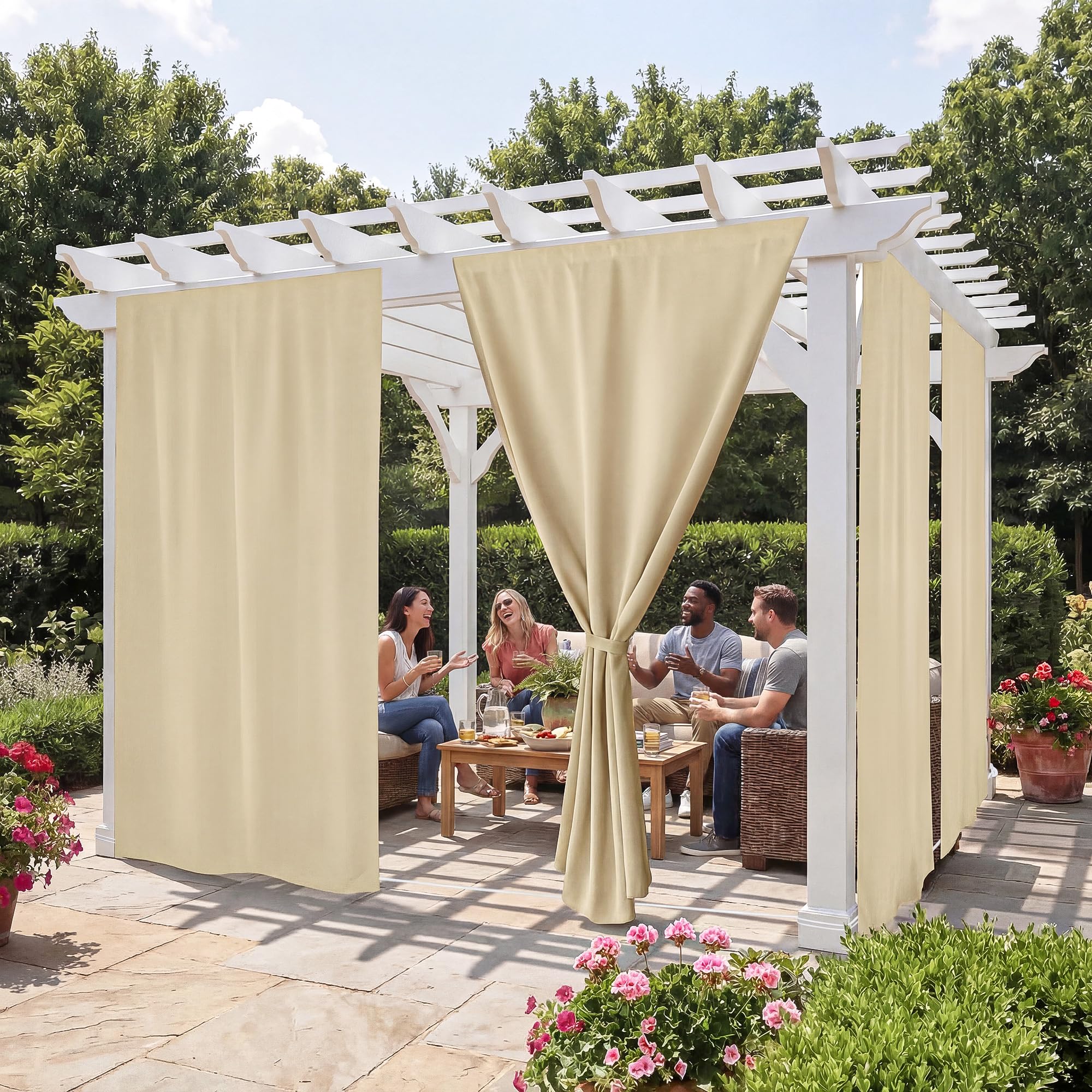 RYB HOME No-Rod Windproof Outdoor Curtains for Patio Waterproof with Adhesive Tape & Back Tab Bottom, Sun Blocking Privacy Curtains for Gazebo Porch