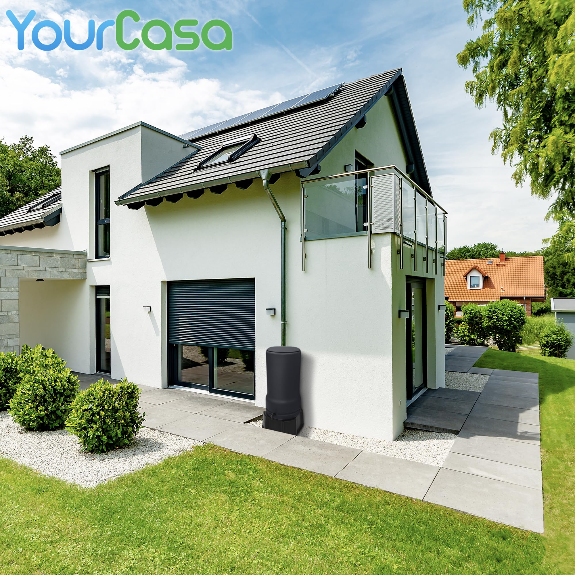 YourCasa Tanque de Lluvia RainBell 200L Con Pie, Tapa y Grifo - Barril de Plástico a Prueba de Heladas - Depósito de Agua Para Jardín, Colector