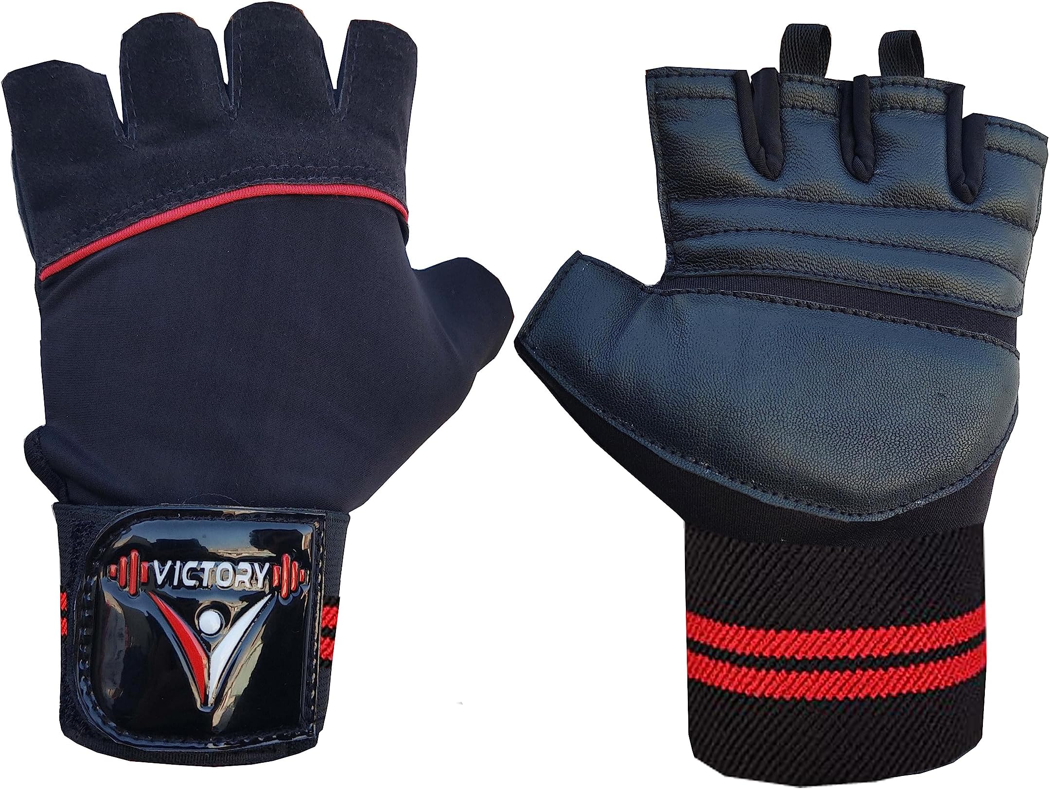 Victory Ninja - Fully Leather Gym Gloves for Men & Women with Wrist Support Gym & Fitness Gloves (Black) (Red)