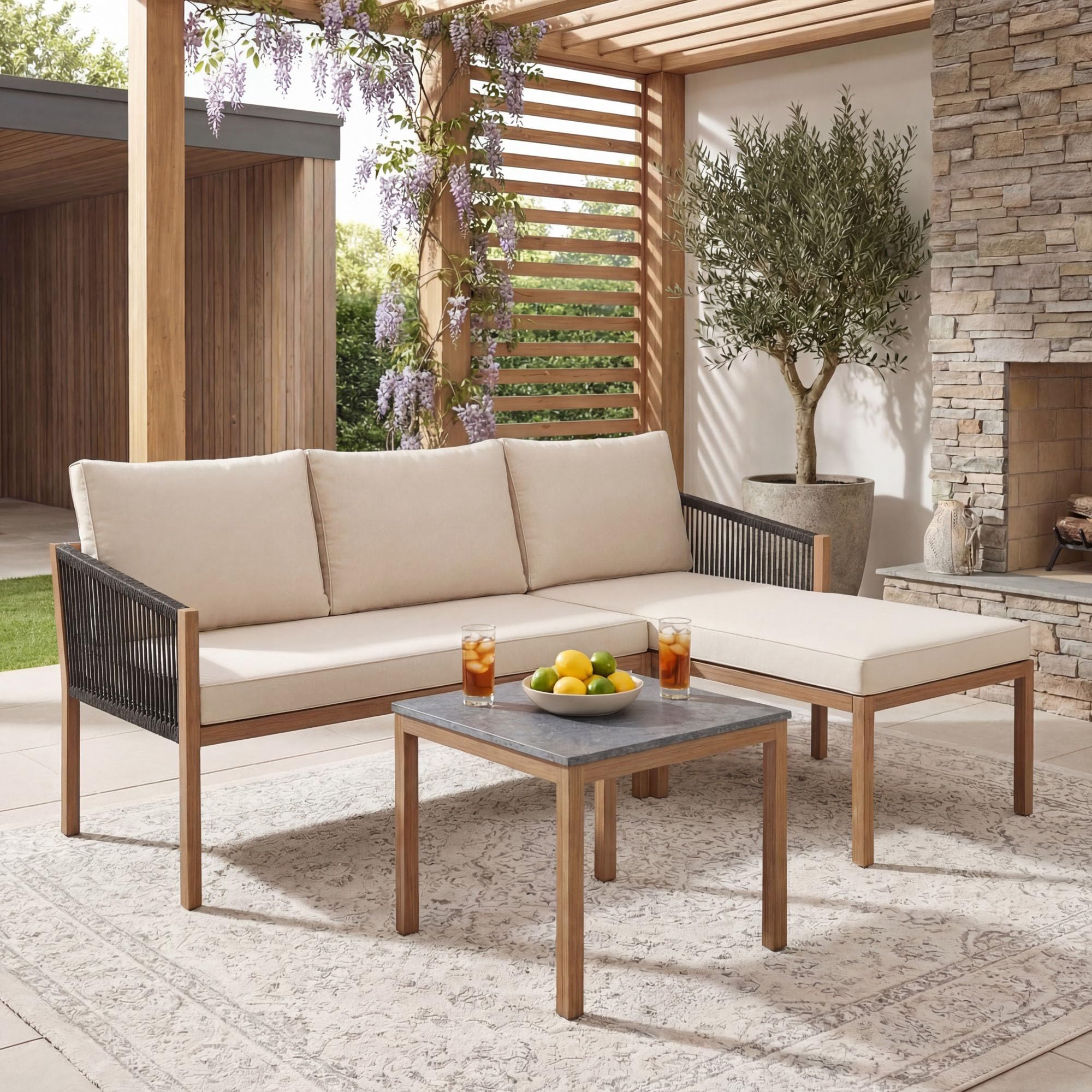 LIFEZEAL Salon de Jardin 3 Pièces Extérieur, Canapé d’Angle en L avec Table Basse Effet Marbre, Coussins et Structure en Métal, Canapé 2 Places et Méridienne pour Terrasse, Jardin, Patio (Beige)