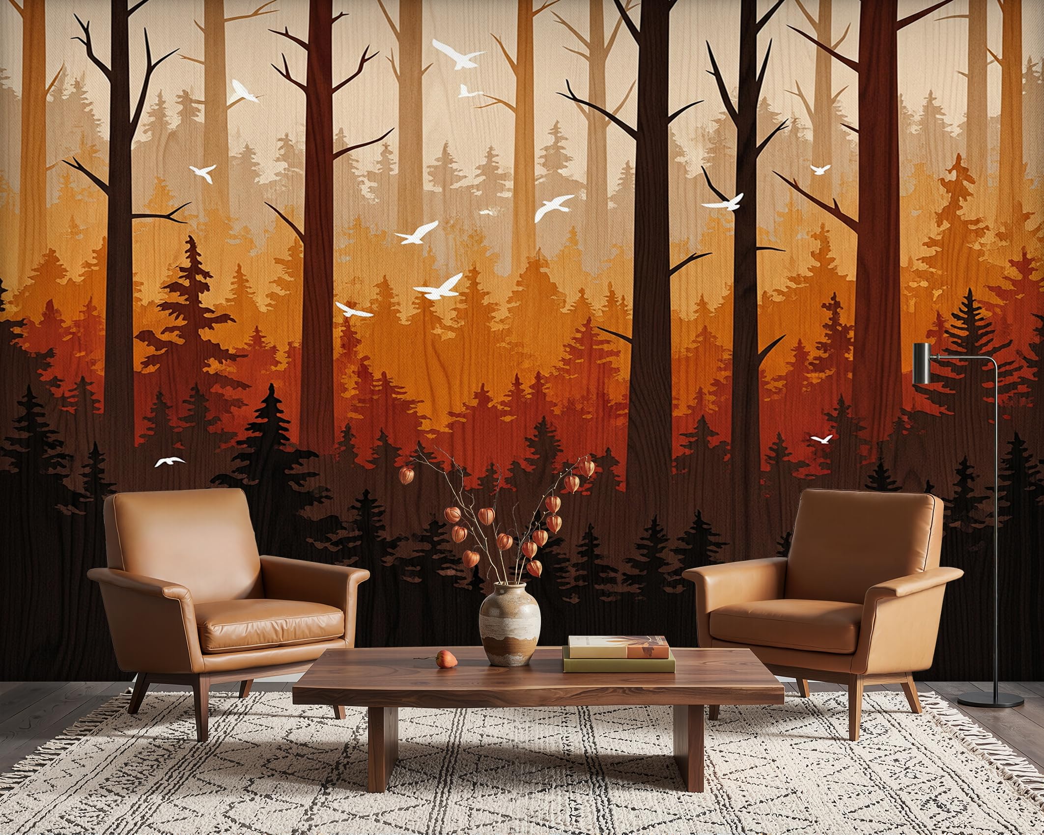 PaxGloz Terracotta Forest Wallpaper, Autumn Woodland Wood Effect Wall Mural for Living Room & Bedroom, Non-Woven Decorative Wall Art 300x210 cm — image 1