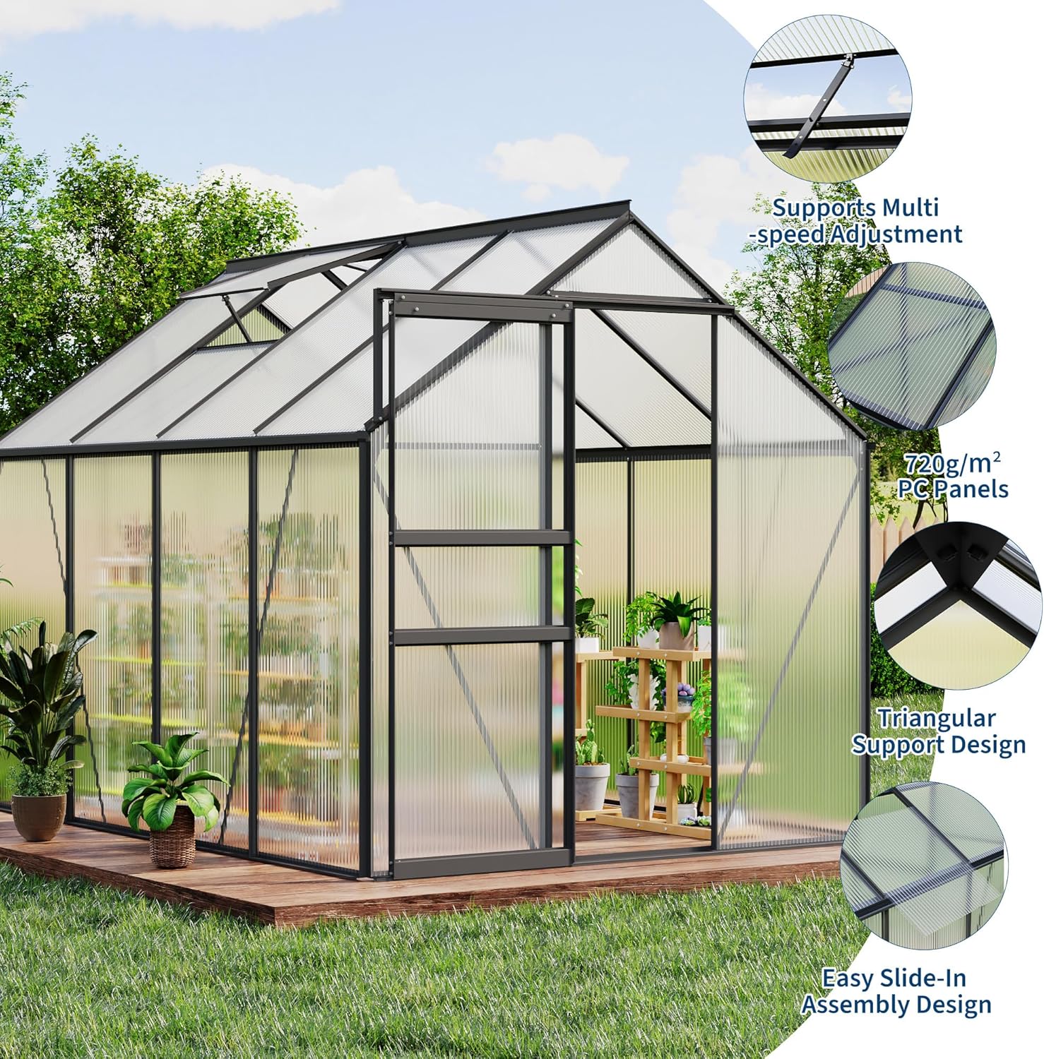 Close-up views of Garvee greenhouse features: adjustable roof vent, 720g/m² PC panels, triangular support design, and easy slide-in assembly.