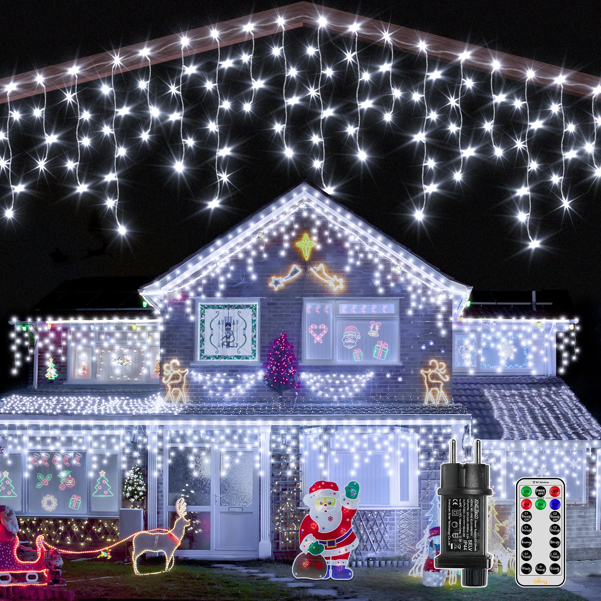 Ollny Pluie Verglaçante Guirlande Lumineuse Extérieure 15M Guirlande Lumineuse Extérieure avec Télécommande Étanche Lumières de Noël Extérieures blanc froid