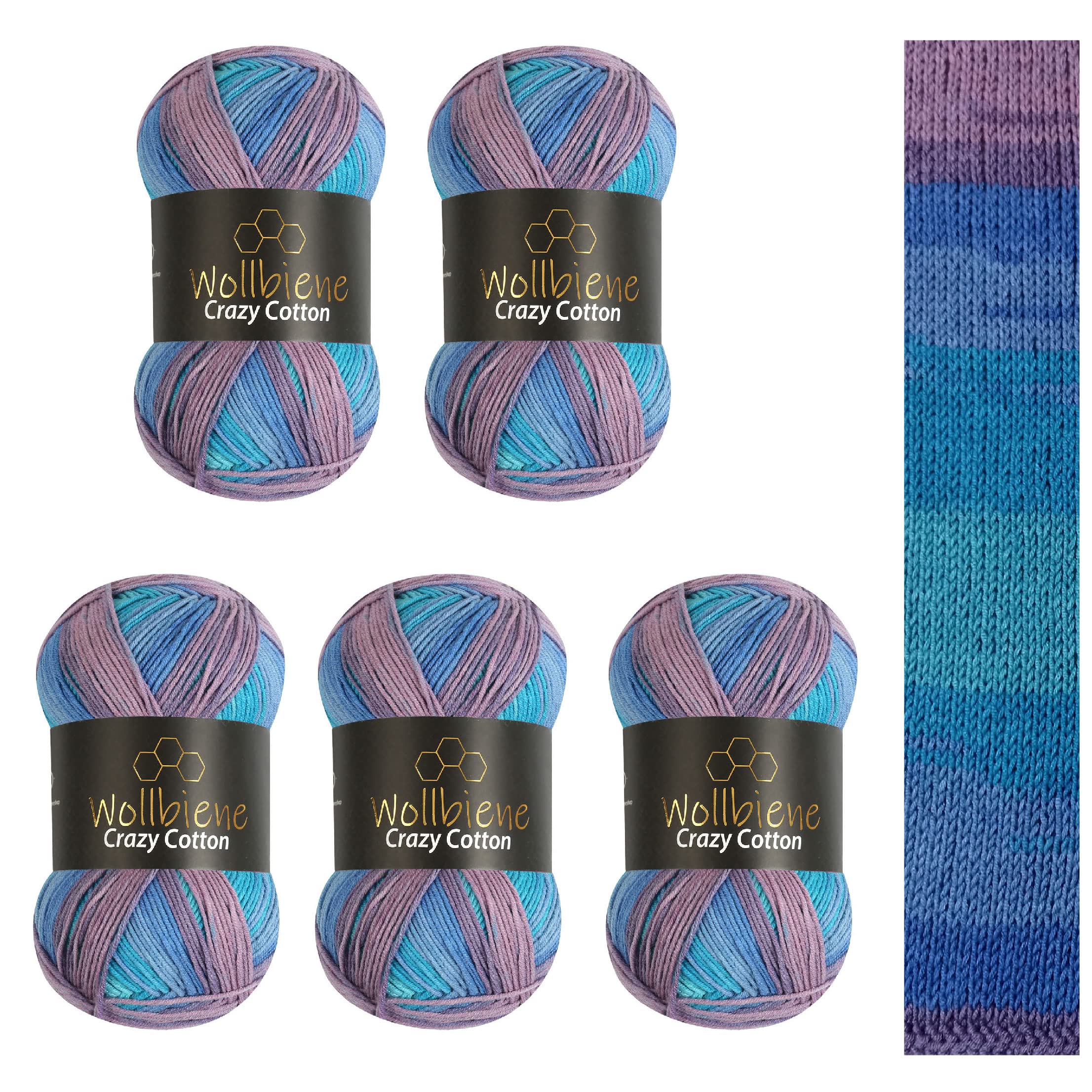 5 x 100 g Wollbiene Crazy Cotton Batik, 500 g with Colour Gradient, 55% Cotton, Multicoloured Knitting Wool, Crochet Wool