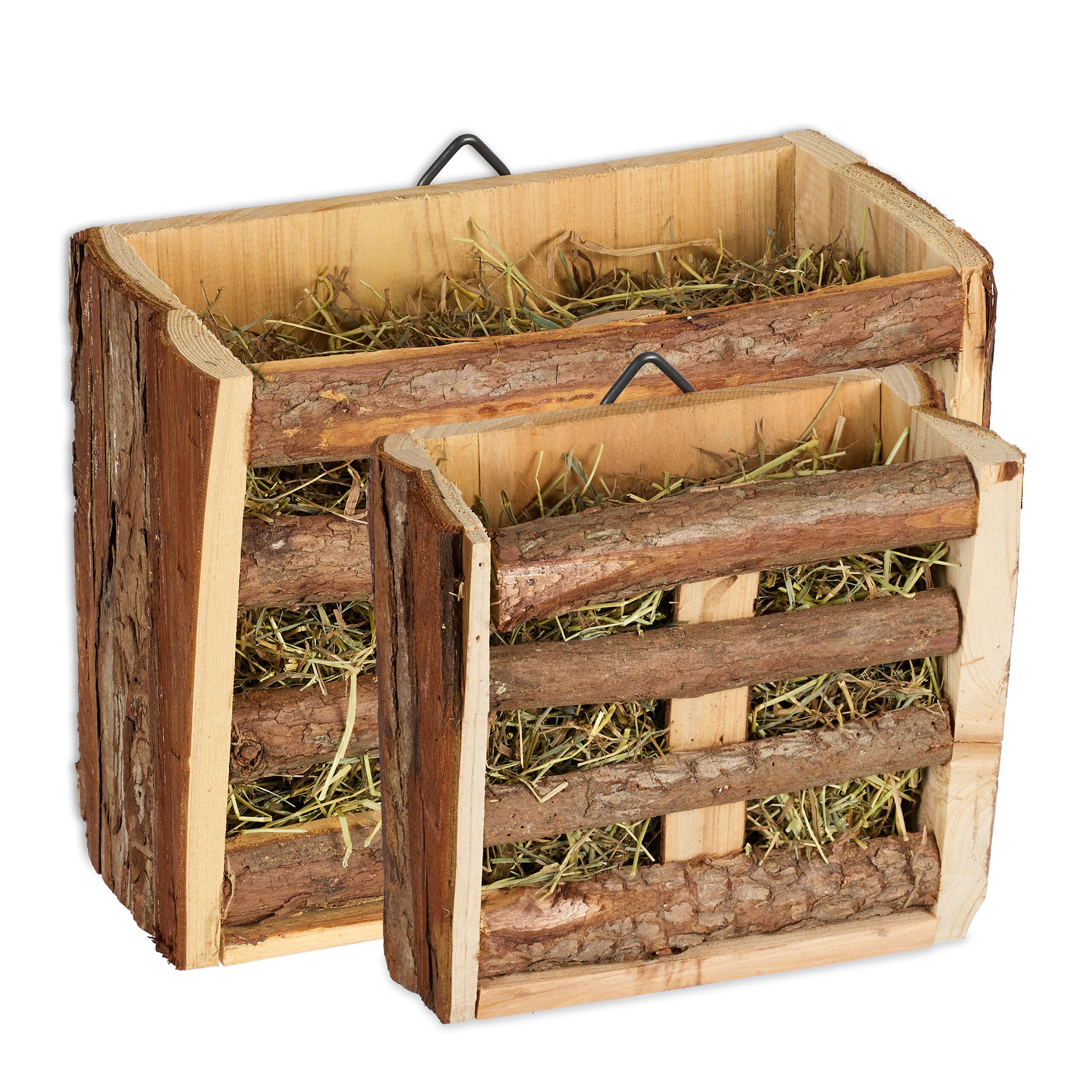 Relaxdays Set 2 Comederos de Conejo, Henero Conejitos y Cobayas, Estantes Heno Colgante, Accesorio Jaula Madera, Natural, 19 x 22.5 x 12 cm