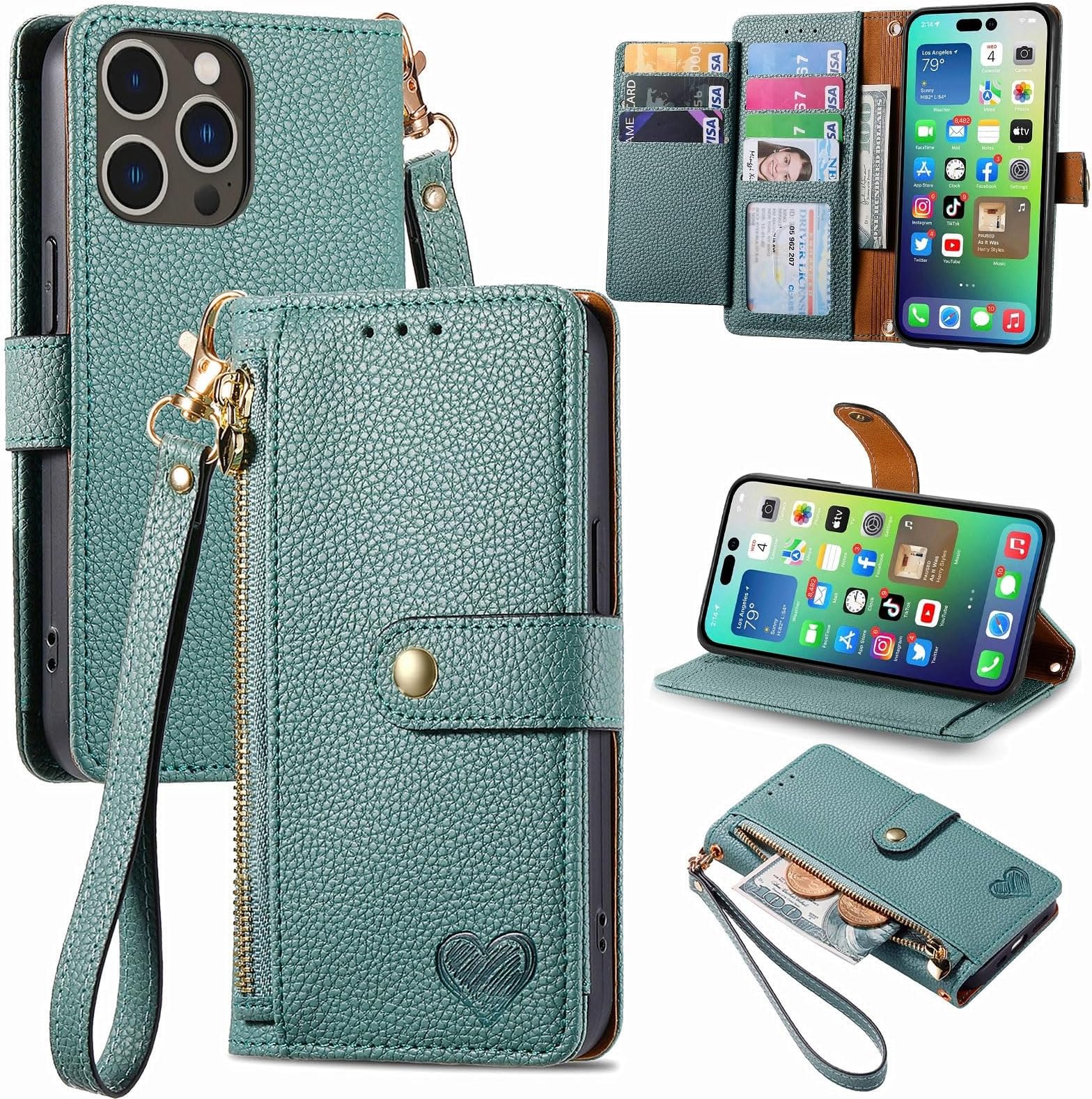 Phone Flip Case Cute Case Wallet Compatible with iPhone 14 Pro Max, Premium PU Leather Flip Folio Case with Card Holders [Shockproof TPU Inner Shell] RFID Blocking Phone Case Compatible with Women Gir