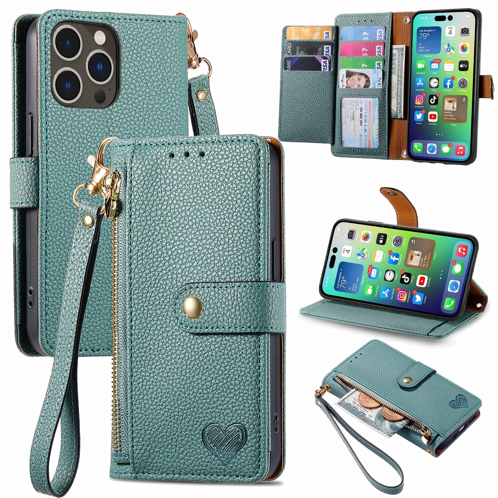 Phone Flip Case Cute Case Wallet Compatible with iPhone 14 Pro Max, Premium PU Leather Flip Folio Case with Card Holders [Shockproof TPU Inner Shell] RFID Blocking Phone Case Compatible with Women Gir