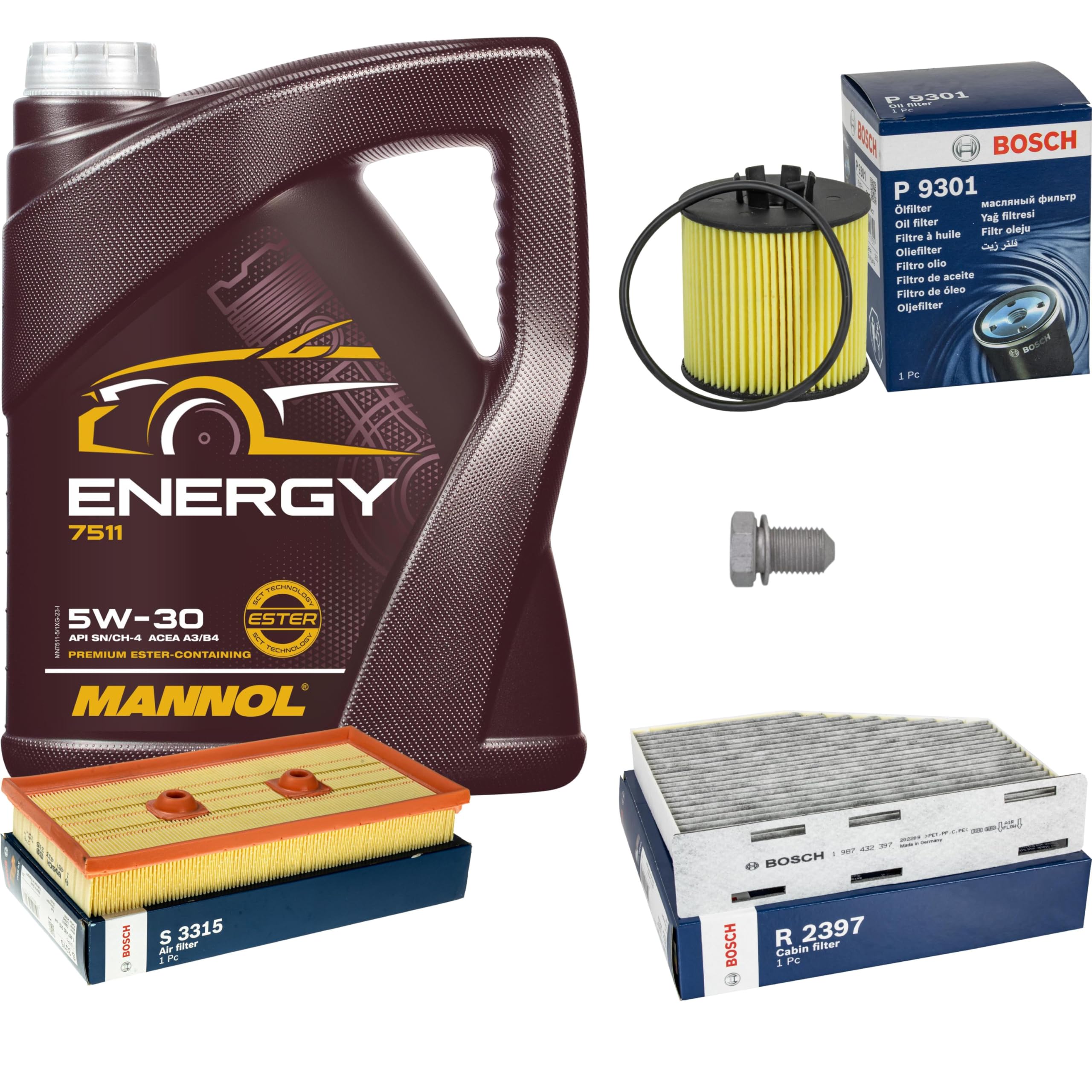 Inspektionspaket Wartungspaket Filterset mit 5 L Motoröl Energy 5W-30, Ölfilter, Luftfilter, Innenraumfilter (Aktivkohle), Verschlussschraube