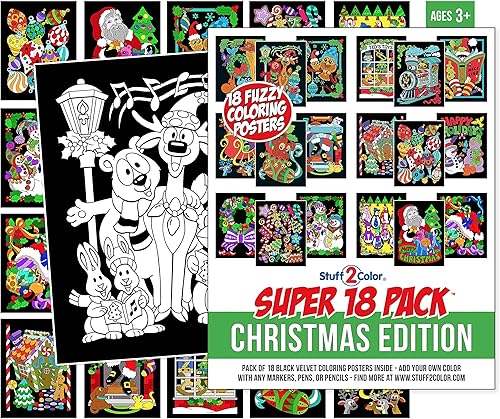 Super paquete de 18 pósteres de terciopelo mullido para colorear (edición navideña), excelente proyecto de manualidades para compartir y colorear,