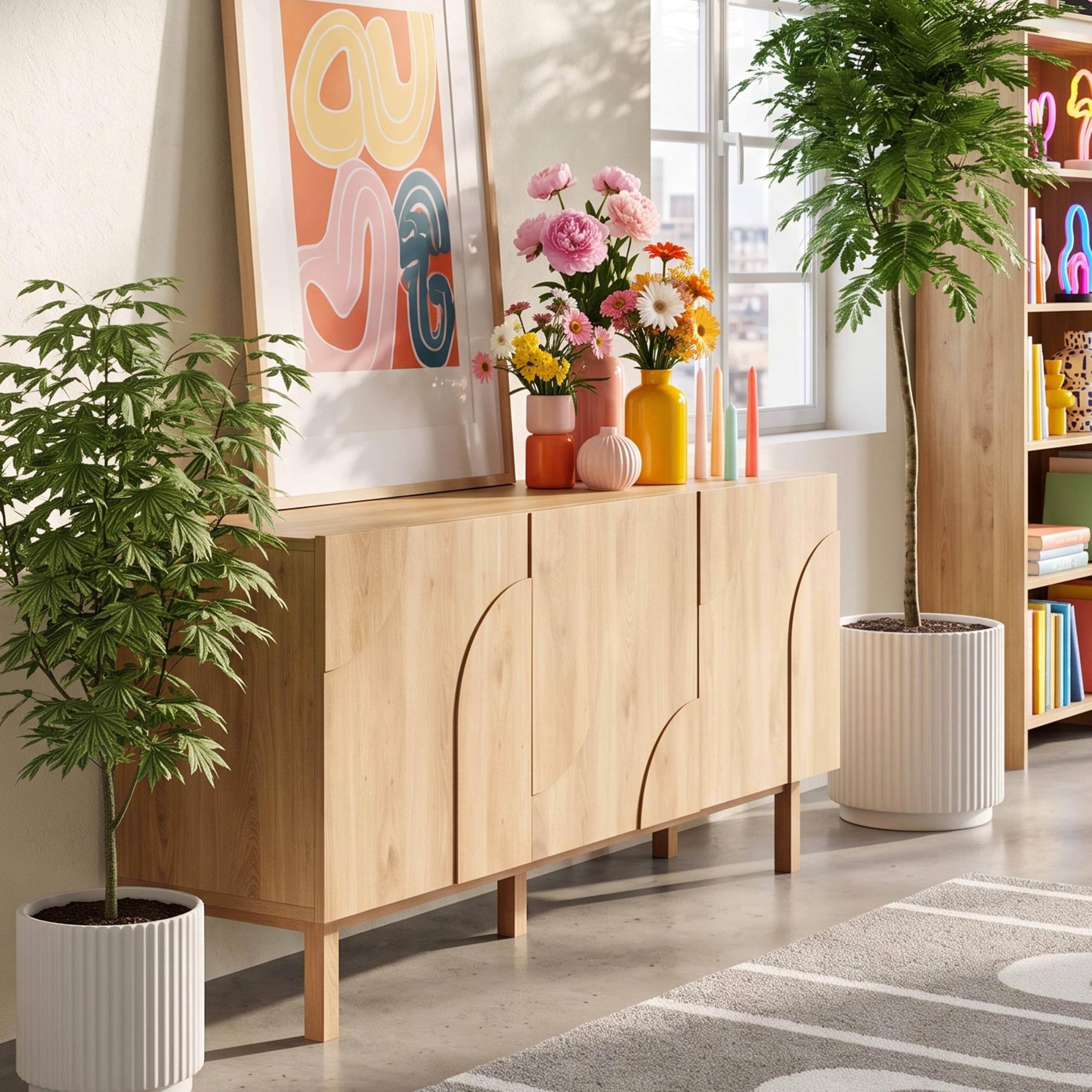 Oviala Buffet 3 Portes en mélaminé 160 cm Effet Bois