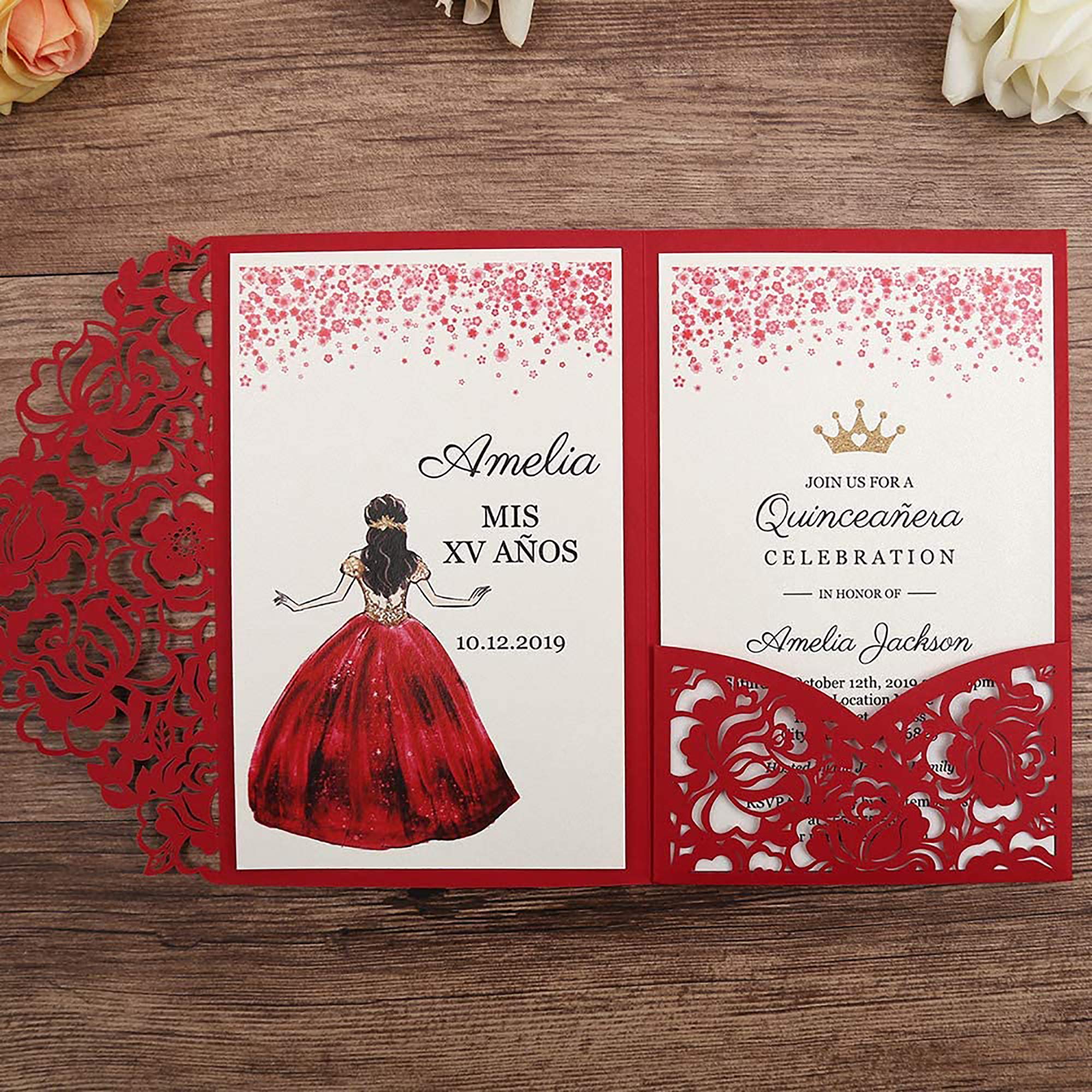 DORIS HOME 4.7x7 Inch 50PCS Blank Red Quinceanera Invitations Kit Laser