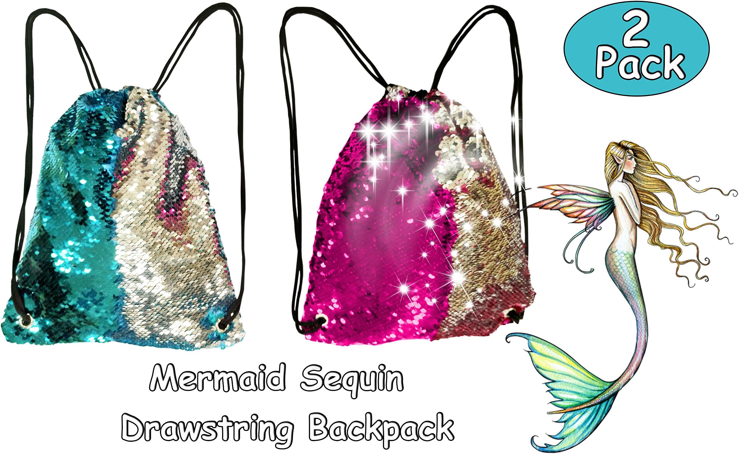 2 Pack Mermaid Sequin Drawstring Backpack Magic Dancing Bag for Girls,Boys