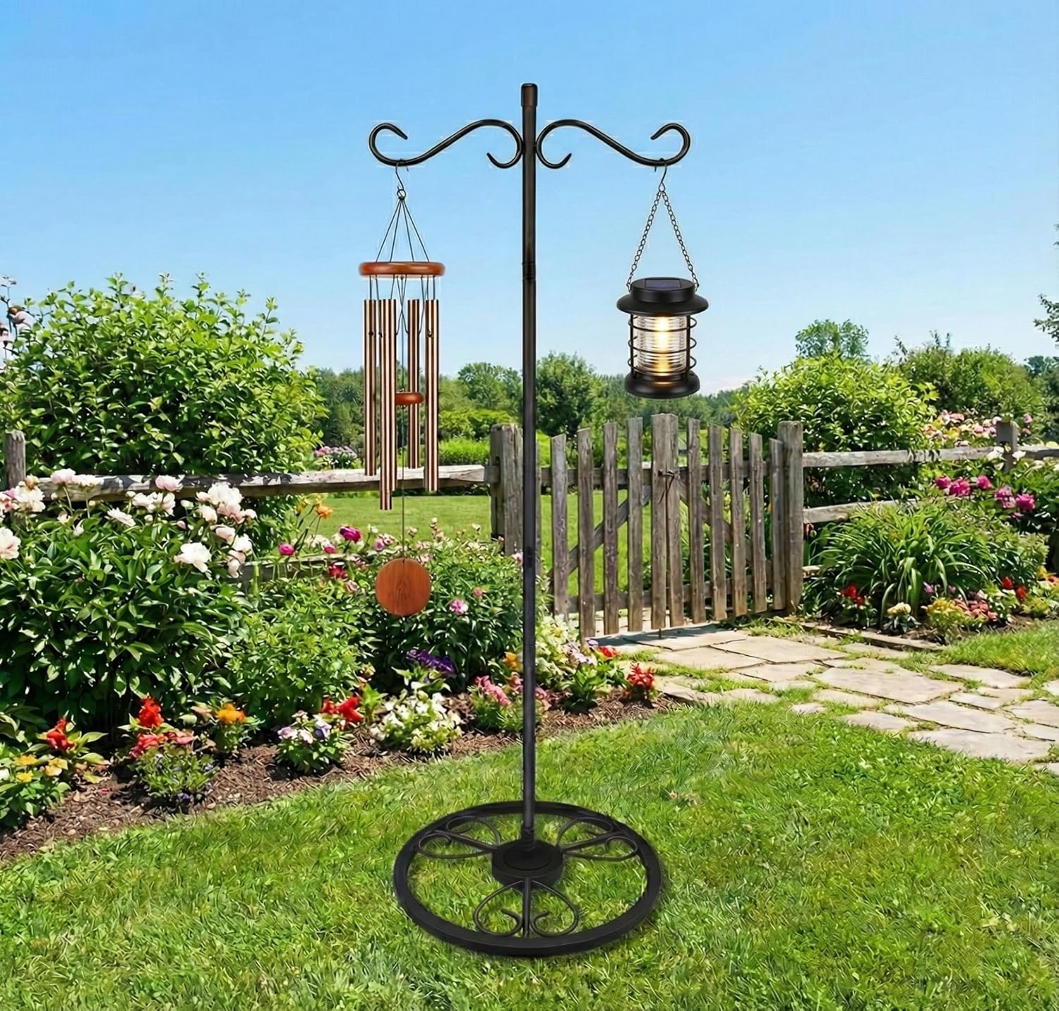 58'' Double Shepherds Hooks for Outdoor, Adjustable Shepherds Hook Stand with Base for Wind Chimes, Hummingbird Feeders, Indoor Outdoor Garden Patio Home Décor