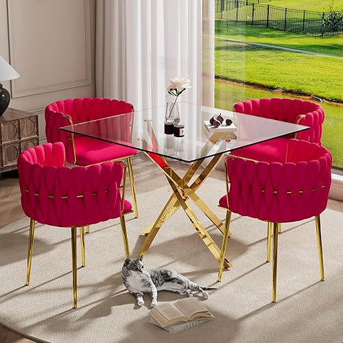 Miniatura 27 de Juego de mesa de comedor de cristal dorado de lujo para 4, juego de comedor cuadrado de 5 piezas con parte superior de vidrio transparente, juego de