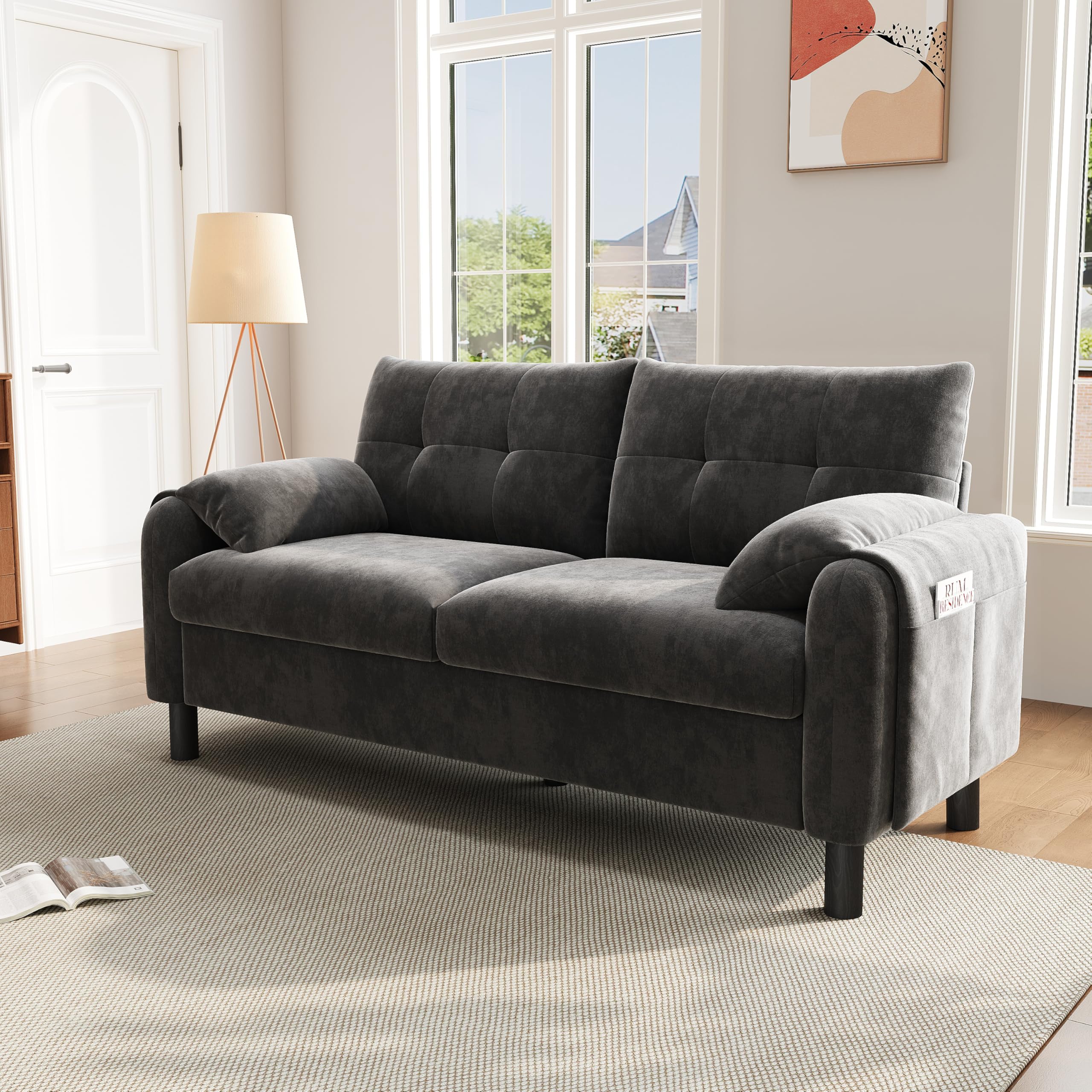 Lcoho Sofá moderno de 2 plazas, cómodo sofá tapizado de tela de chenilla con cojines gruesos, sofá acogedor para salón, dormitorio, apartamento pequeño, muebles tapizados en diseño escandinavo (gris)