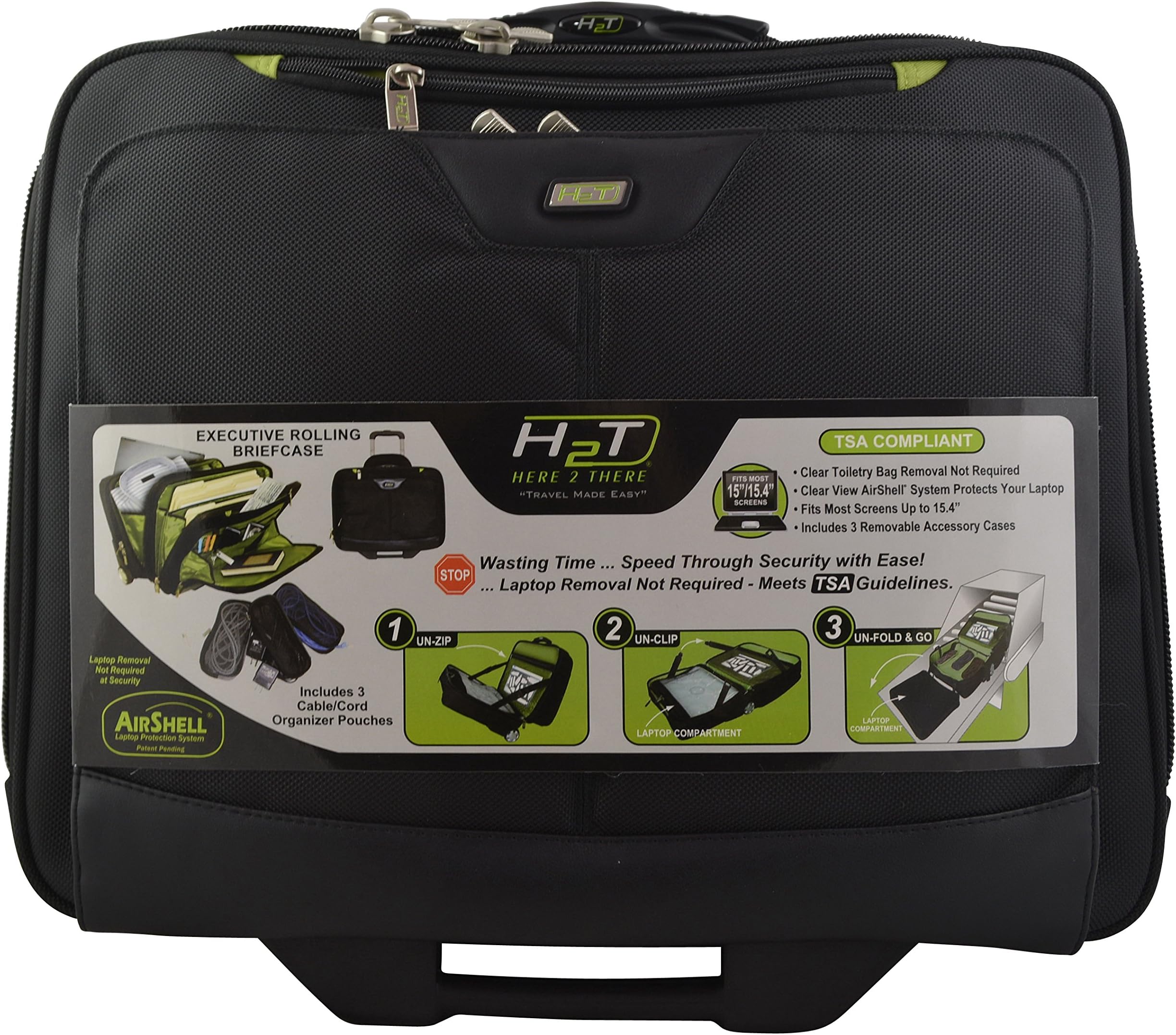 H2T Executive Rolling Briefcase - Business 15.5 - Black with Green Lining