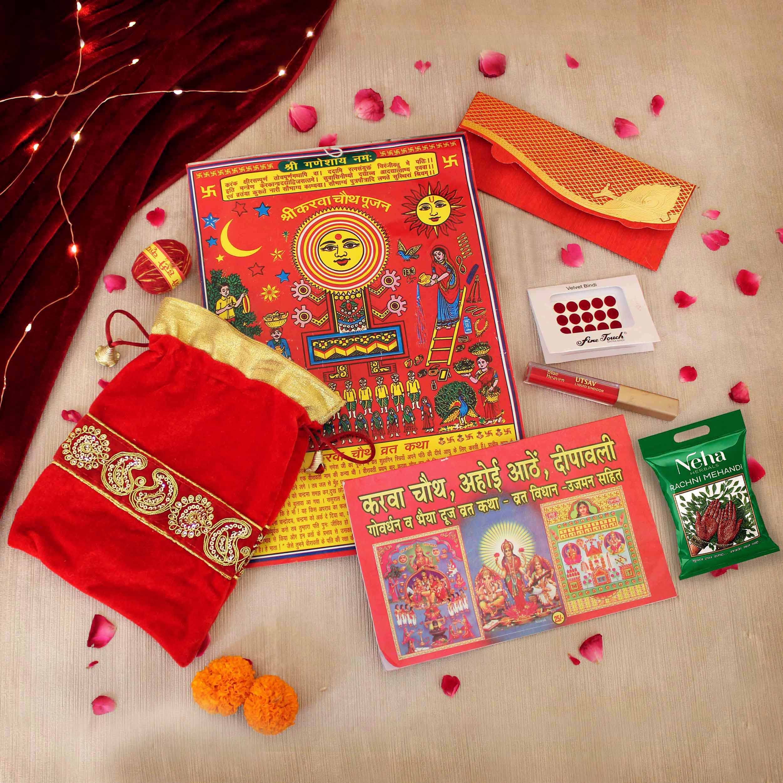 TIED RIBBONS Karwachauth Katha Book Gift Combo Pack with Karvachauth Poster Sindoor Bindi Accessories Pack - Karwa Chauth Pooja Samagri Kit-image-36