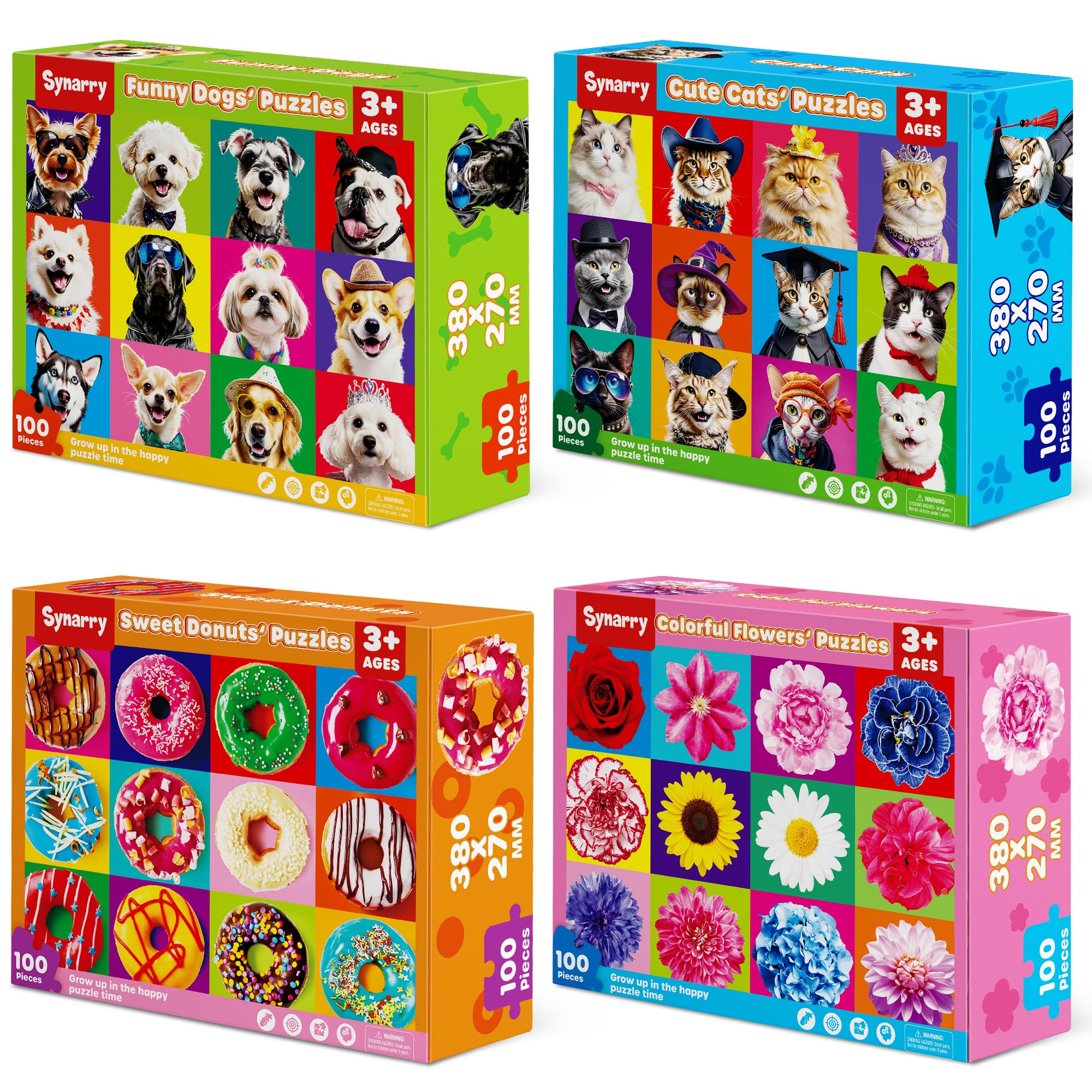 SYNARRY 100 Piece Puzzles for Kids Ages 4-6 6-8, Wooden 100 Piece Puzzle, 4 5 6 7 8 Year Old Puzzles for Kids Ages 4-8, Cat Dog Flower Donut Jigsaw
