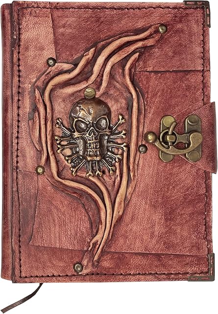 DERI Handmade Leather Journal Notebook Sketchbook Unlined Travel Diary Gift (Skull & Bones, 23 x 17 cm, 384 pages), Brown