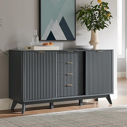 T4TREAM Gabinete de buffet estriado, aparador moderno de 60 pulgadas con puertas correderas y 4 cajones, mesa de café con almacenamiento, parte
