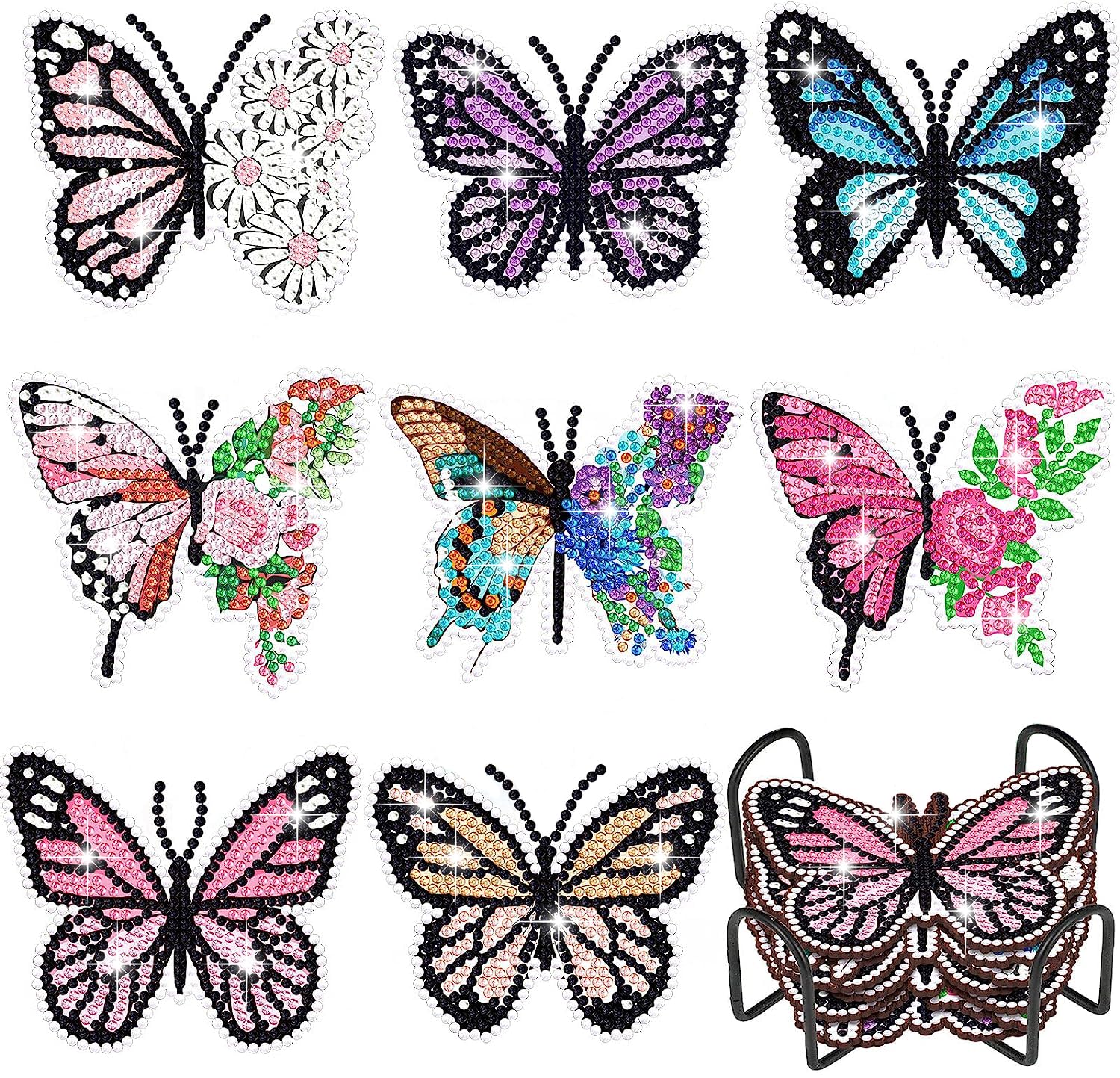 AiYuanzsh 8 Pack Butterfly Shaped Diamond Painting Coasters with Holder – DIY Rhinestone Cup Mats Set for Table Decoration, Bling Craft Kit & Gift for Women Adults