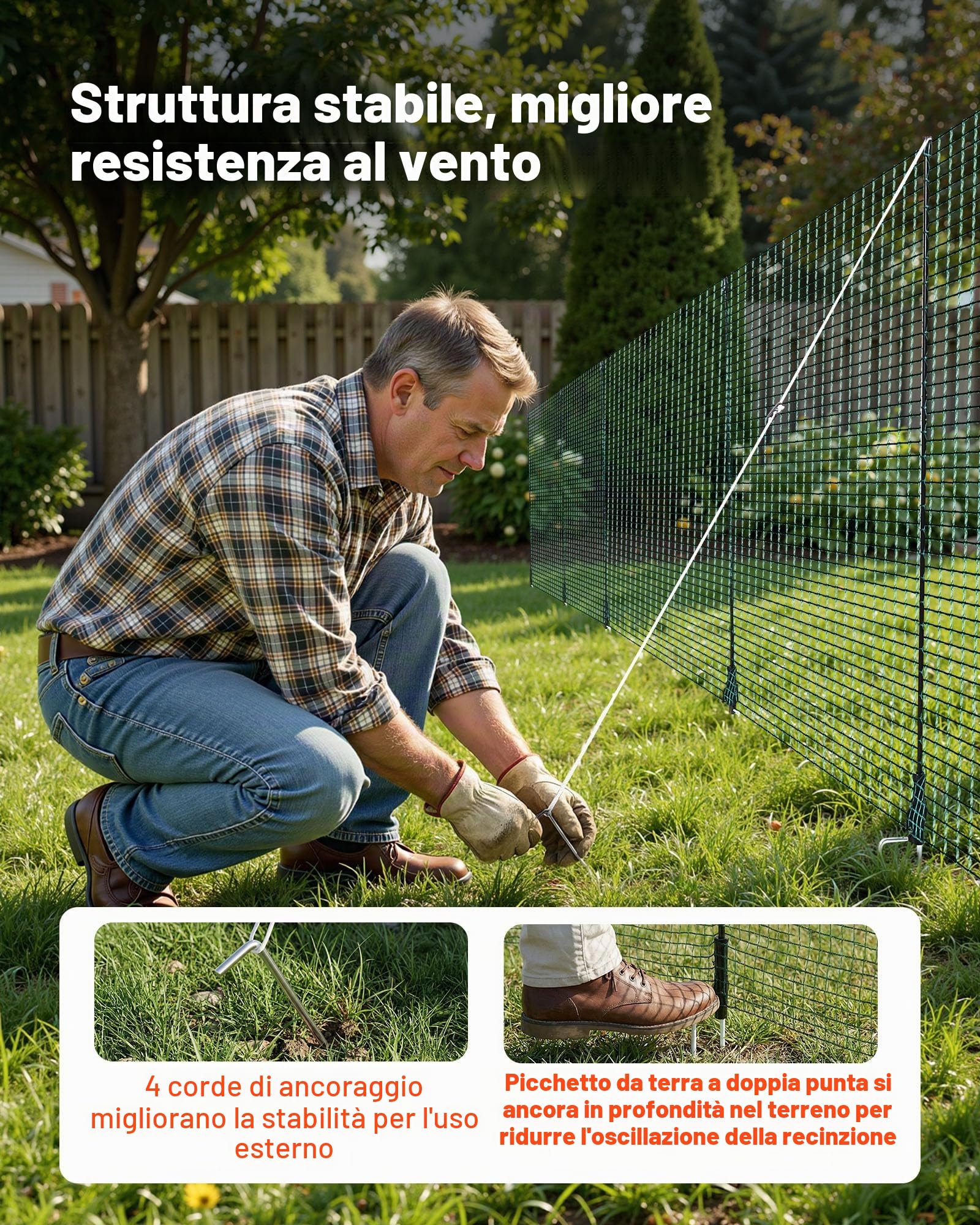 VEVOR Rete per Recinzione in Plastica, Recinzione Temporanea Flessibile 1,2 x 25 m, Rete di Sicurezza con Pali, Picchetti a Doppia Punta e Tiranti, Barriera Protettiva Rimovibile per Cani Polli Piante