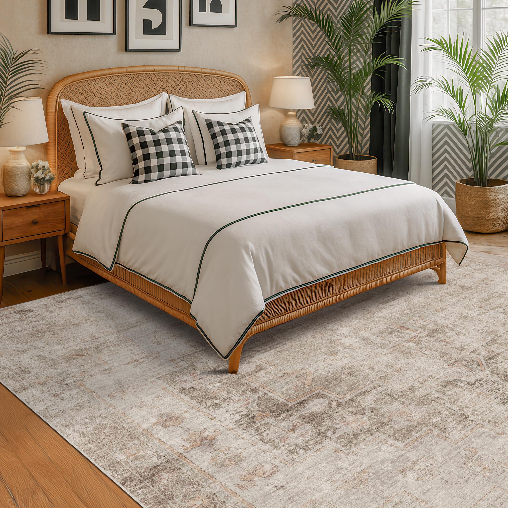 Hazo Haus Neutral Farmhouse Area Rug for Bedroom 6x8