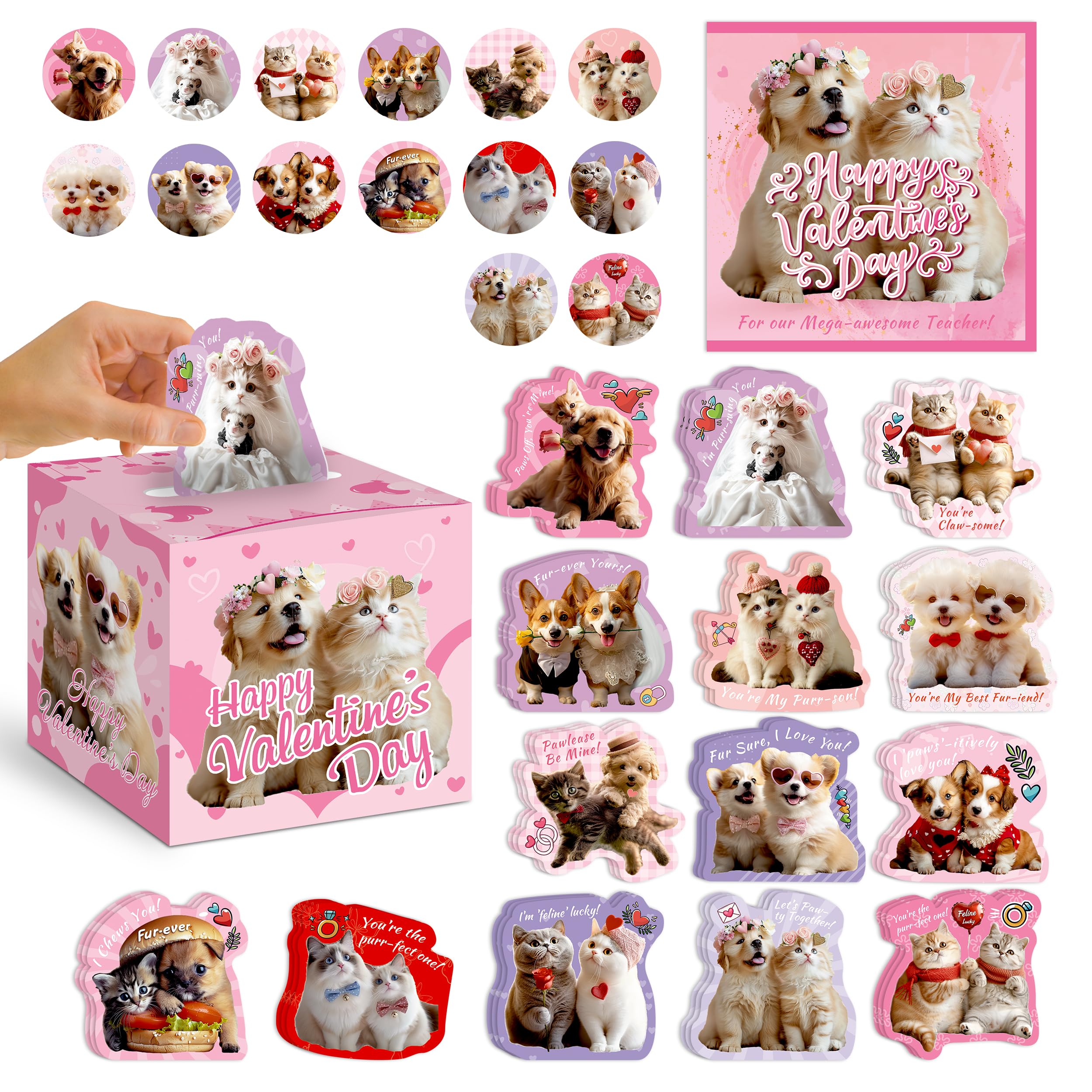 NOSAKUYA 42 Pack Pet Lovers Valentine's Day Card Set with DIY Box, Dog and Cat Couple Designs, for School Classroom Exchanges, Boys and Girls