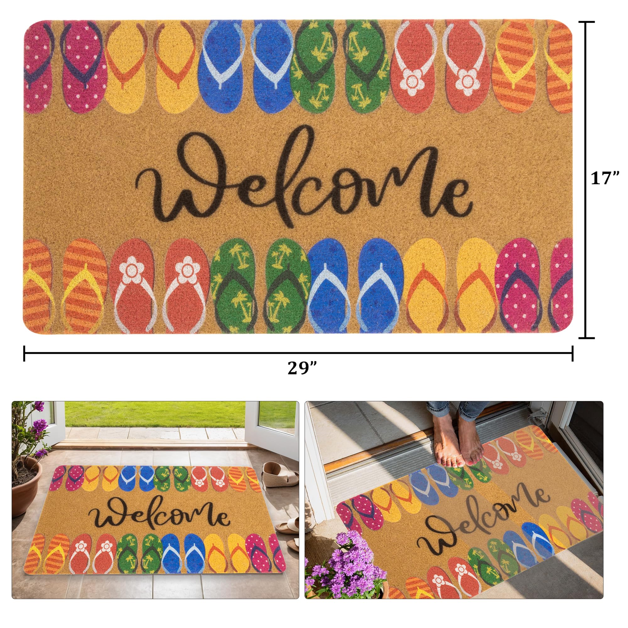Summer Welcome Mats for Front Door, Indoor, Outdoor, Entryway, Faux-Coir Funny Beach Door Mat 17x30, Non-Slip Dirt-Trapping Front-Porch-Rug for Garden, Patio, Backyard