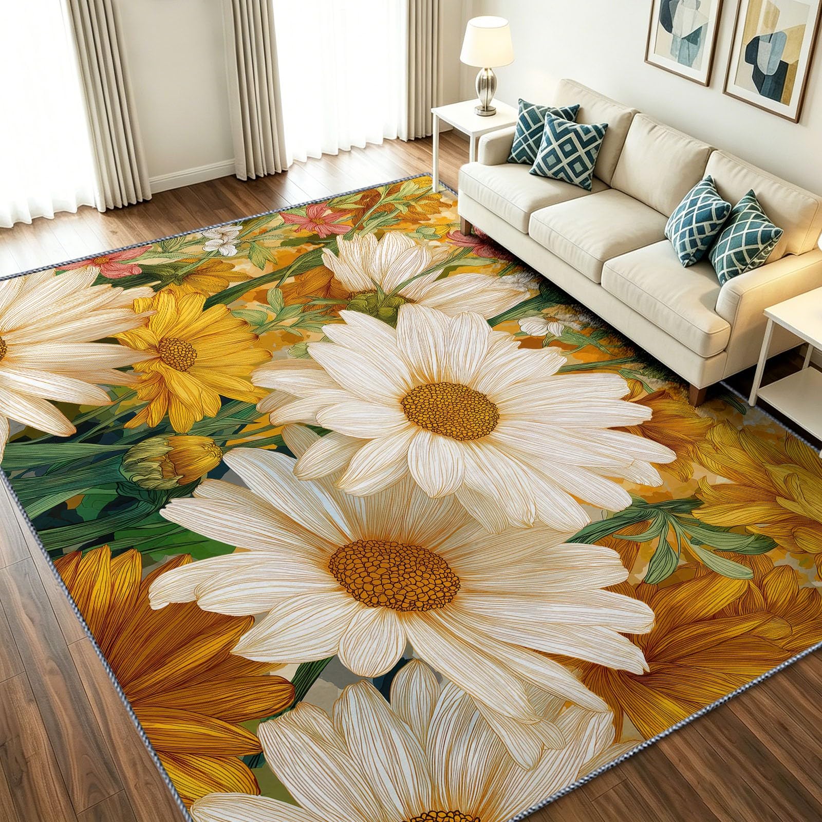 Tapis de salon jaune lavable 60x90 floral pour intérieur