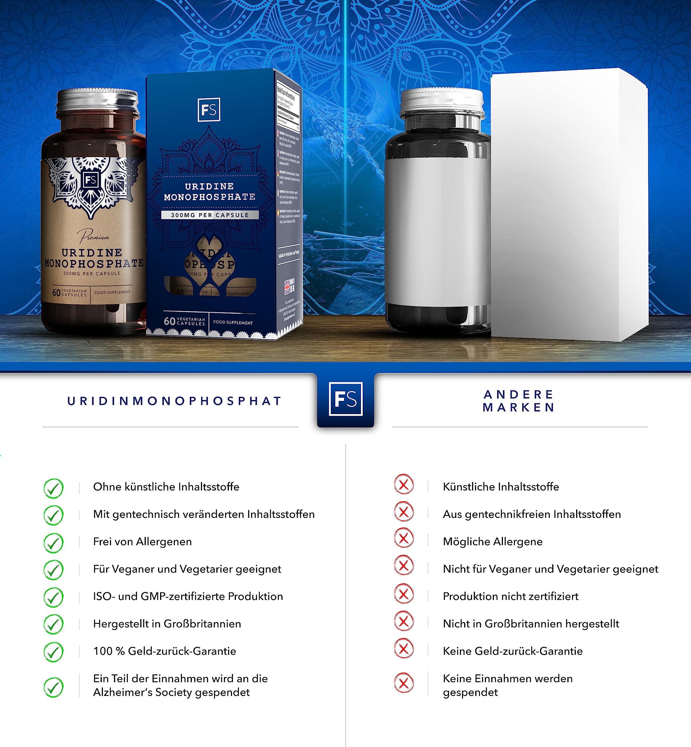 FS Uridinmonophosphat | 60 Uridin Kapseln - Hochdosiertes Uridine Monophosphate - 300mg Uridine pro Portion | Gentechnik-, Gluten- & Allergenfrei | Hergestellt in Großbritannien