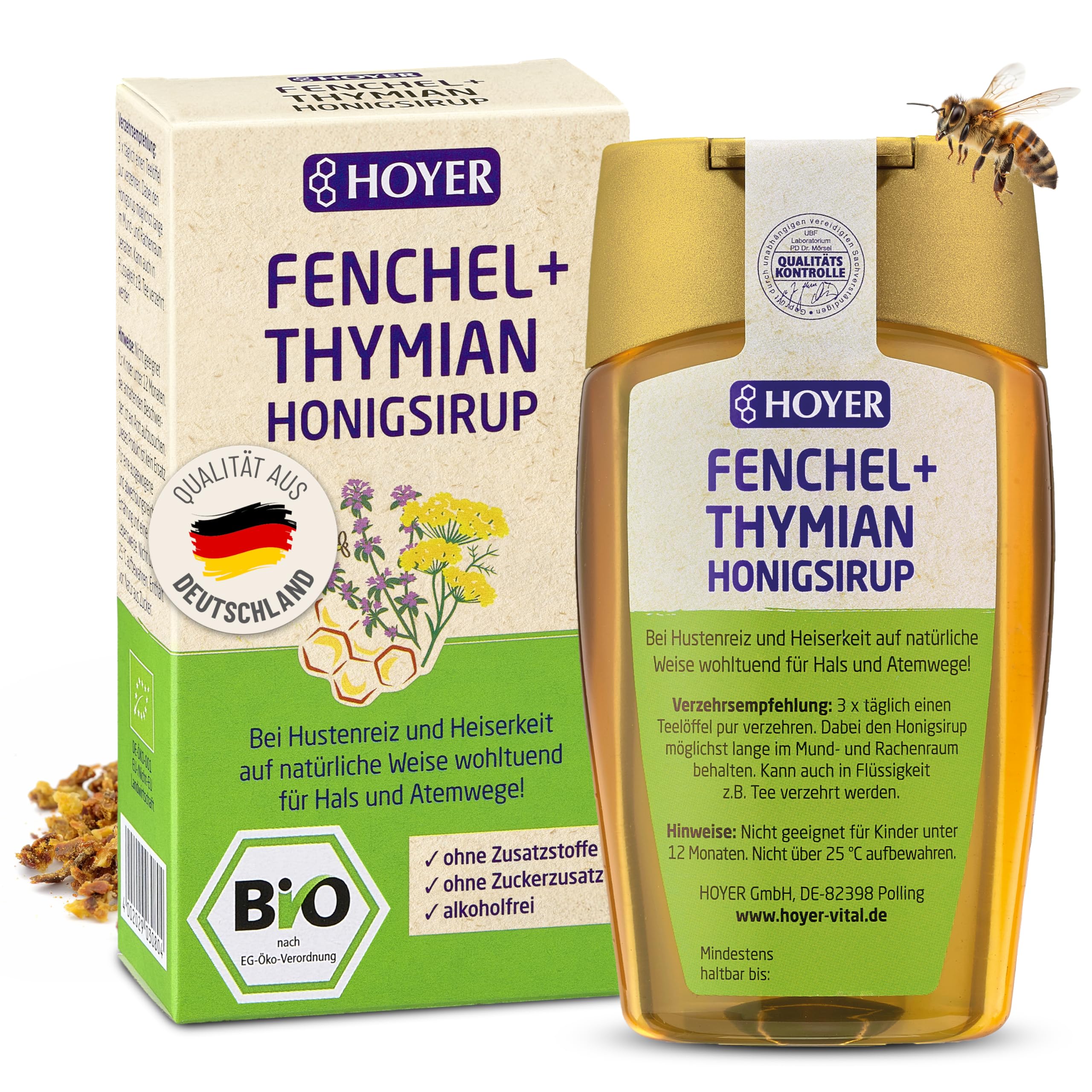 HOYER Bio Honigsirup Fenchel + Thymian 250 g - Für Kinder ab 1 Jahr & Erwachsene - Ohne Zusatzstoffe - Wohltuend bei Husten & Heiserkeit - Honig, Fenchelöl, Thymianöl