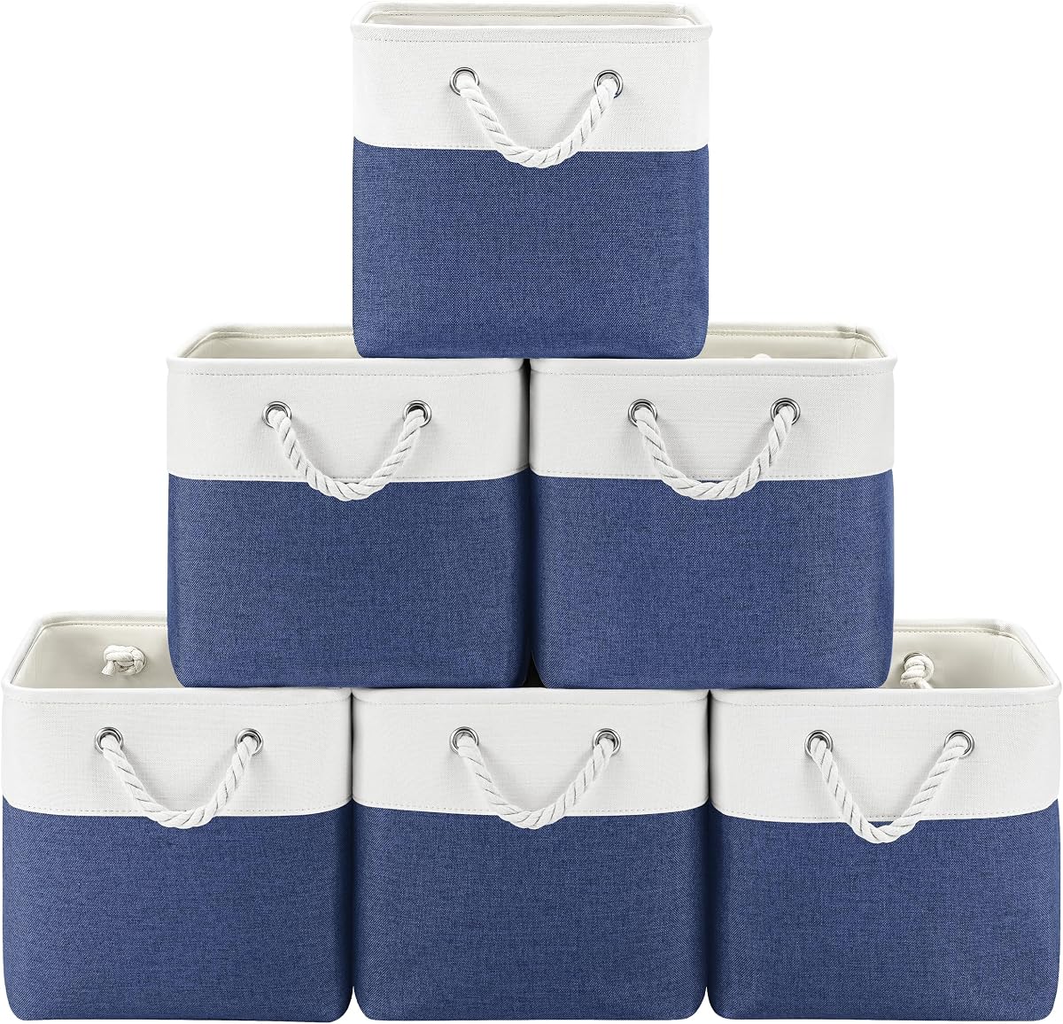Patvingot 11 Inch Cube Storage Bins, 6 Pack Fabric Storage Cubes with Rope Handles, Organizer Baskets for Closet Shelves, Clothes and Home Organization(White/Blue)